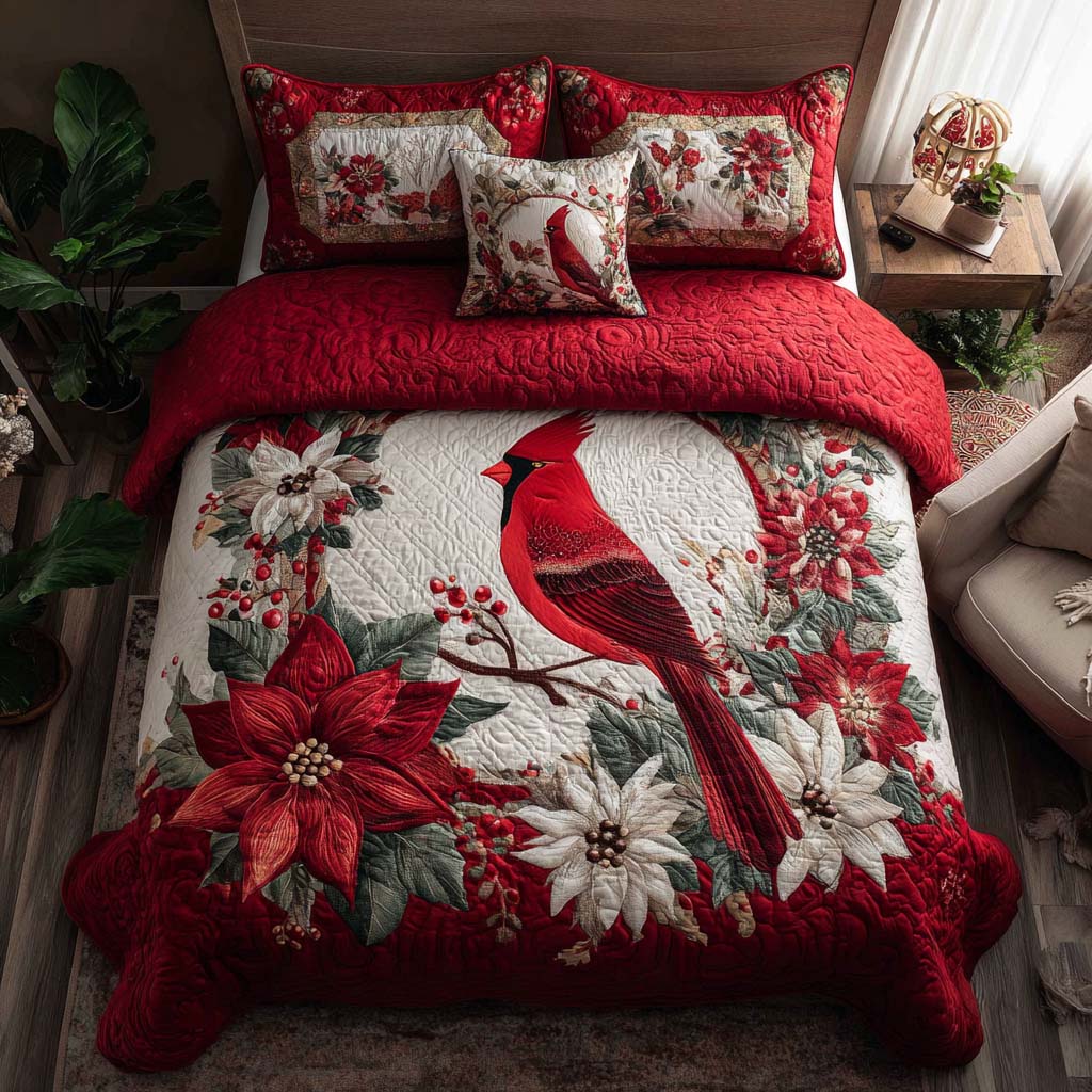 Festive Cardinal Quilted Bedding Set Premium Duvet Cover Gift Set for Mom or Grandma