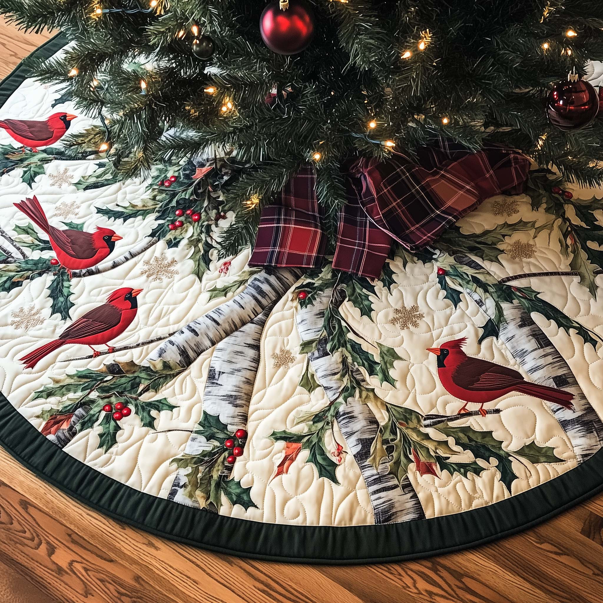 Festive Cardinal Quilted Tree Skirt Animal Themed Christmas Gifts For Bird Lovers