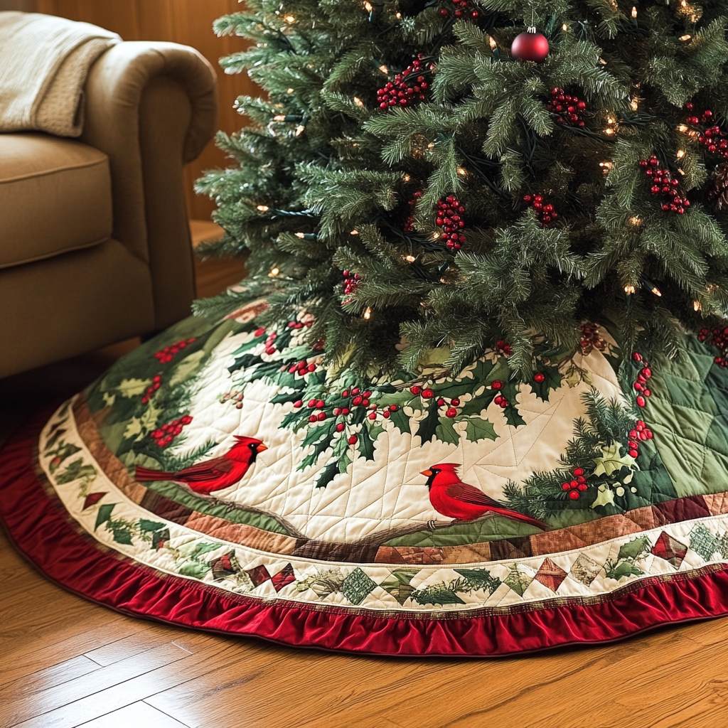 Festive Cardinals Christmas Quilted Tree Skirt Christmas Tree Skirt Mini Xmas Gift For My Daughter