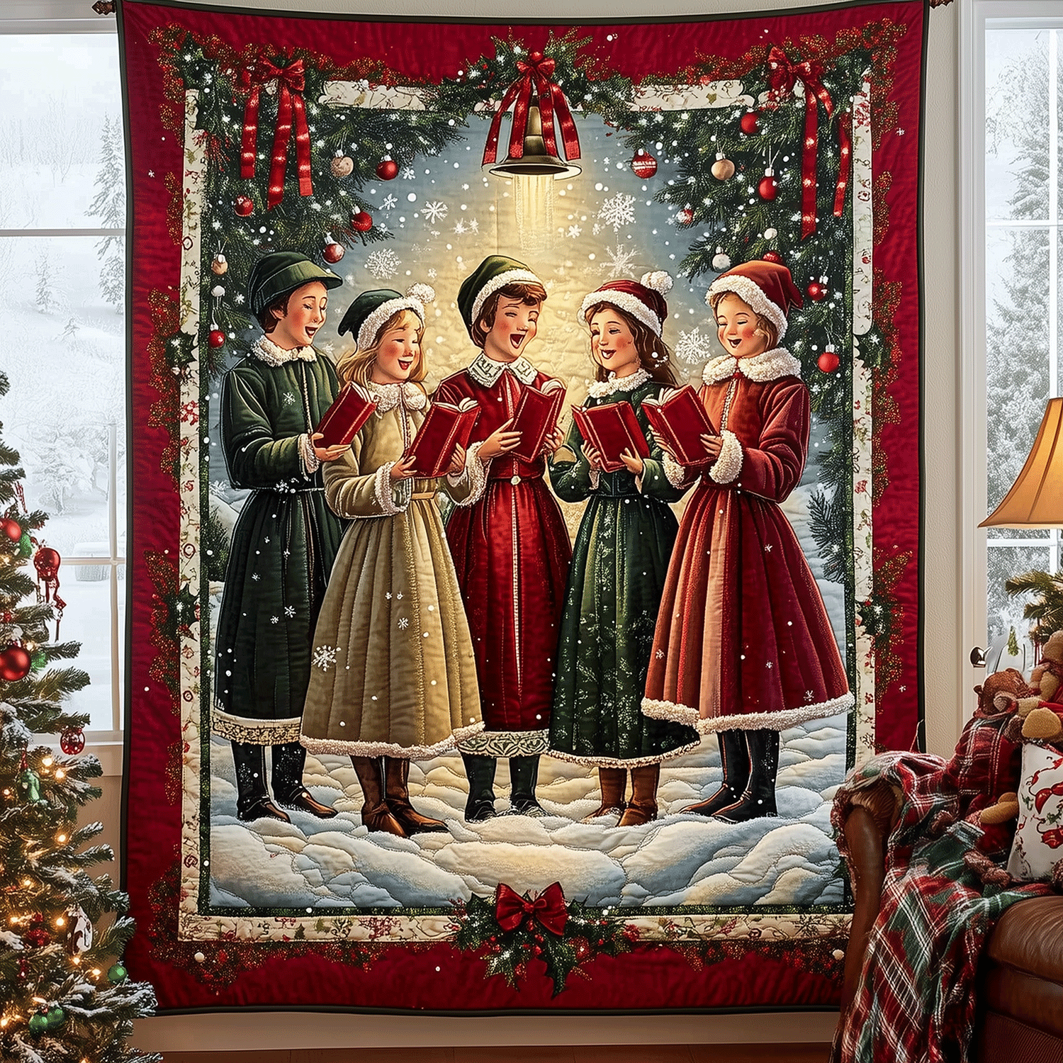Festive Carolers Gathering Quilted Blanket Cute Christmas Blankets