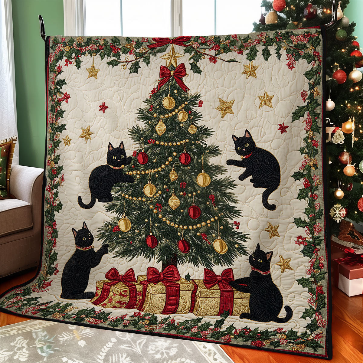 Festive Cat Quilt Blanket King Size Blanket Christmas Gifts For Cat Lovers