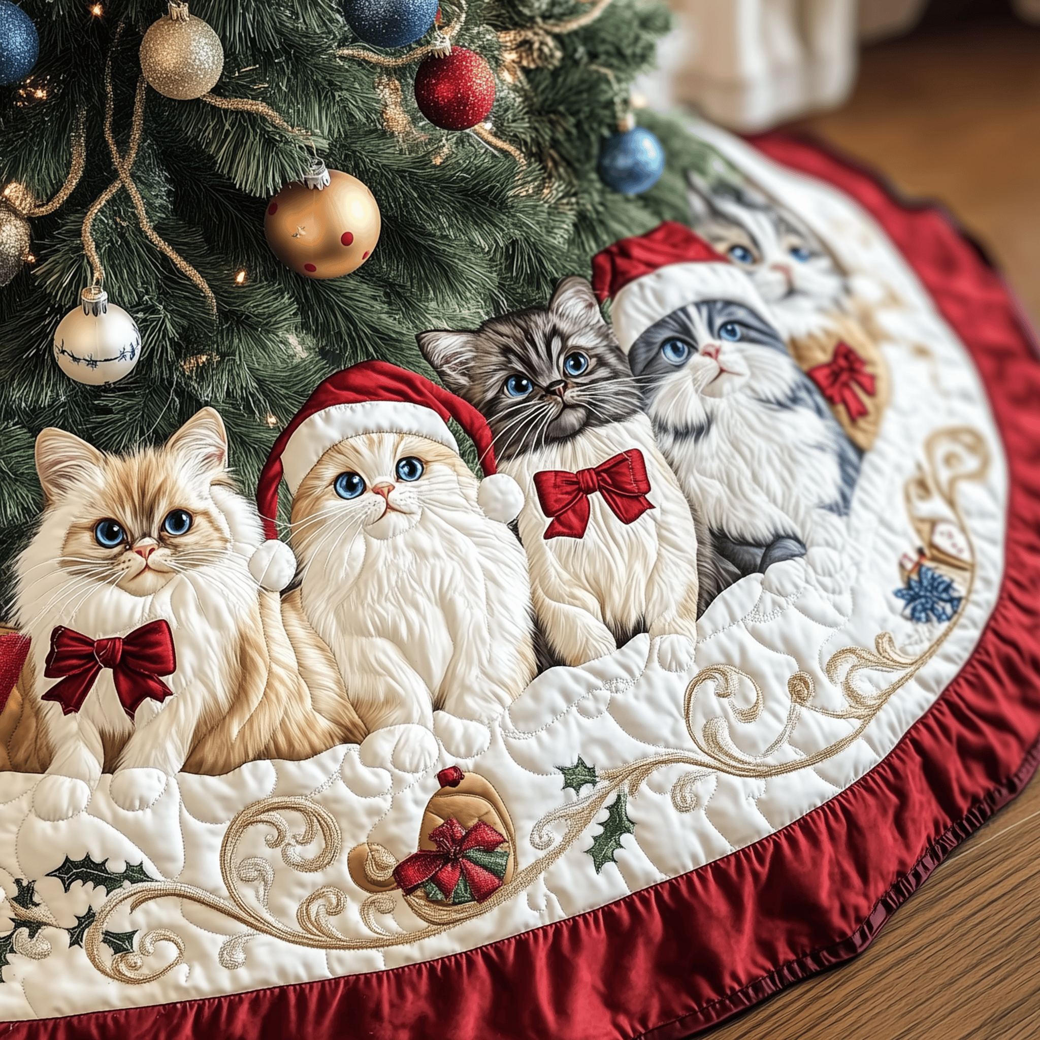 Festive Cat Quilted Tree Skirt Christmas Tree Small Skirt Christmas Present For New Grandma