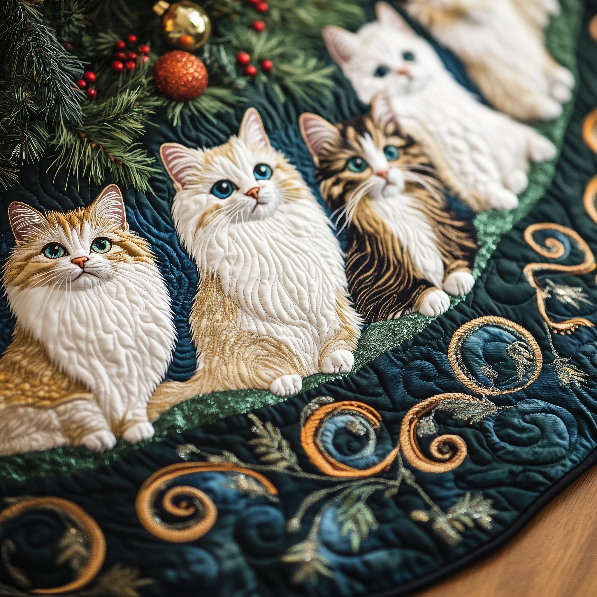 Festive Cat Quilted Tree Skirt Elegant Christmas Tree Decor Merch
