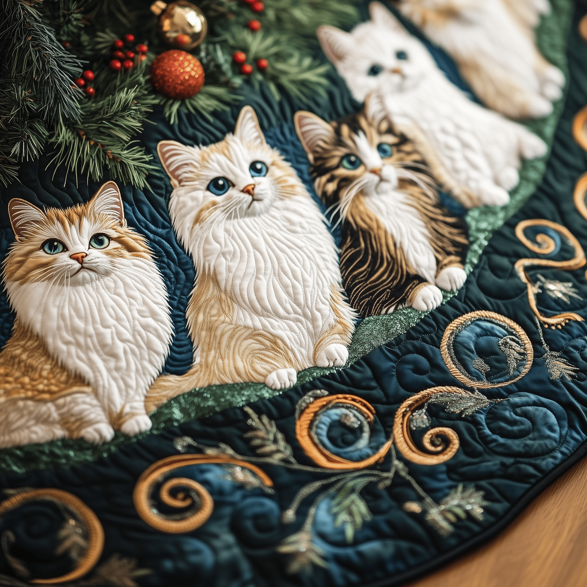 Festive Cat Quilted Tree Skirt  Holiday Christmas Tree Skirt With Cats Decorations Gifts