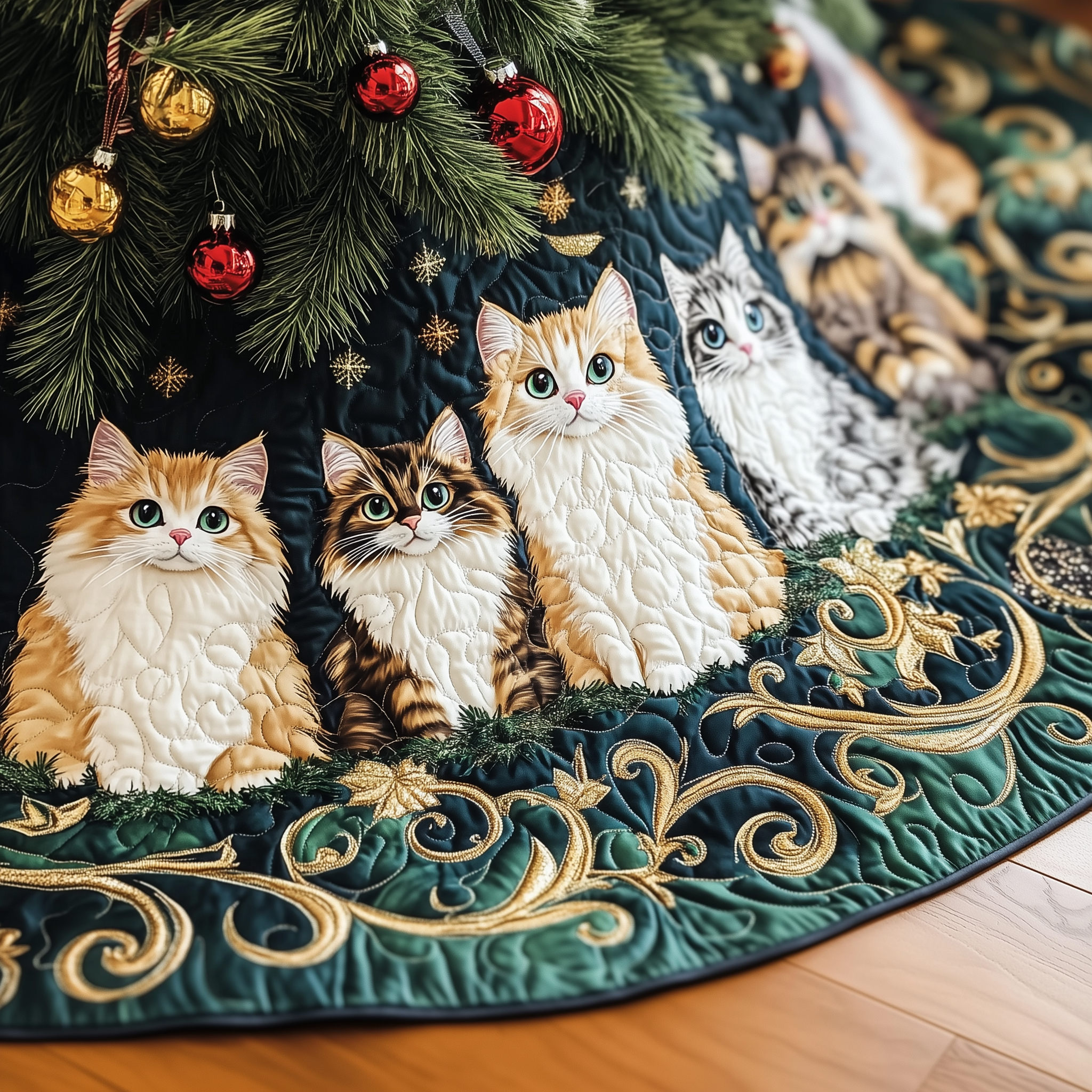 Festive Cat Quilted Tree Skirt  Holiday Christmas Tree Skirt With Cats Decorations Gifts