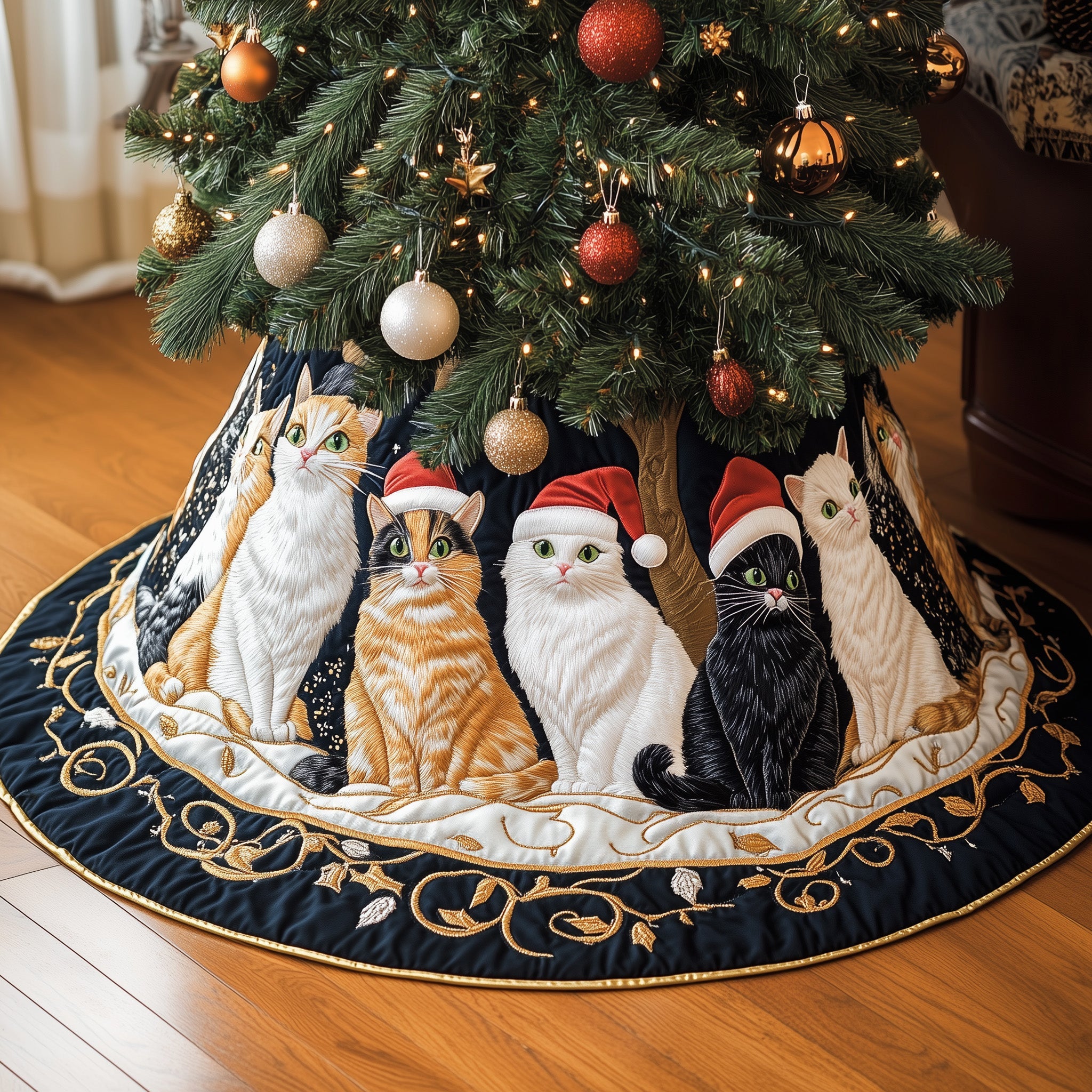 Festive Cat Quilted Tree Skirt Holiday Gift Merch