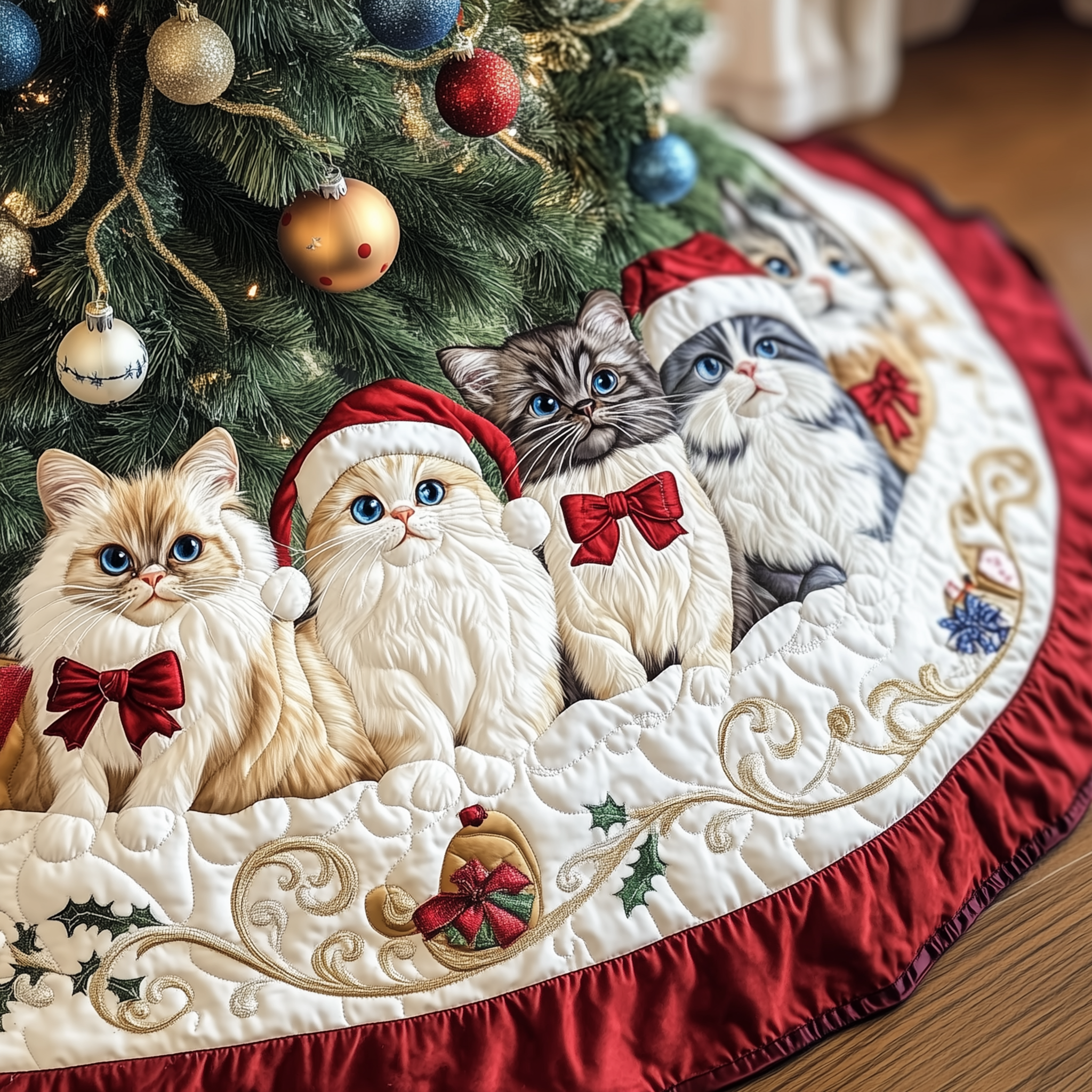 Festive Cat Quilted Tree Skirt Xmas Tree Surround Christmas Cat Indoor Decorations Presents