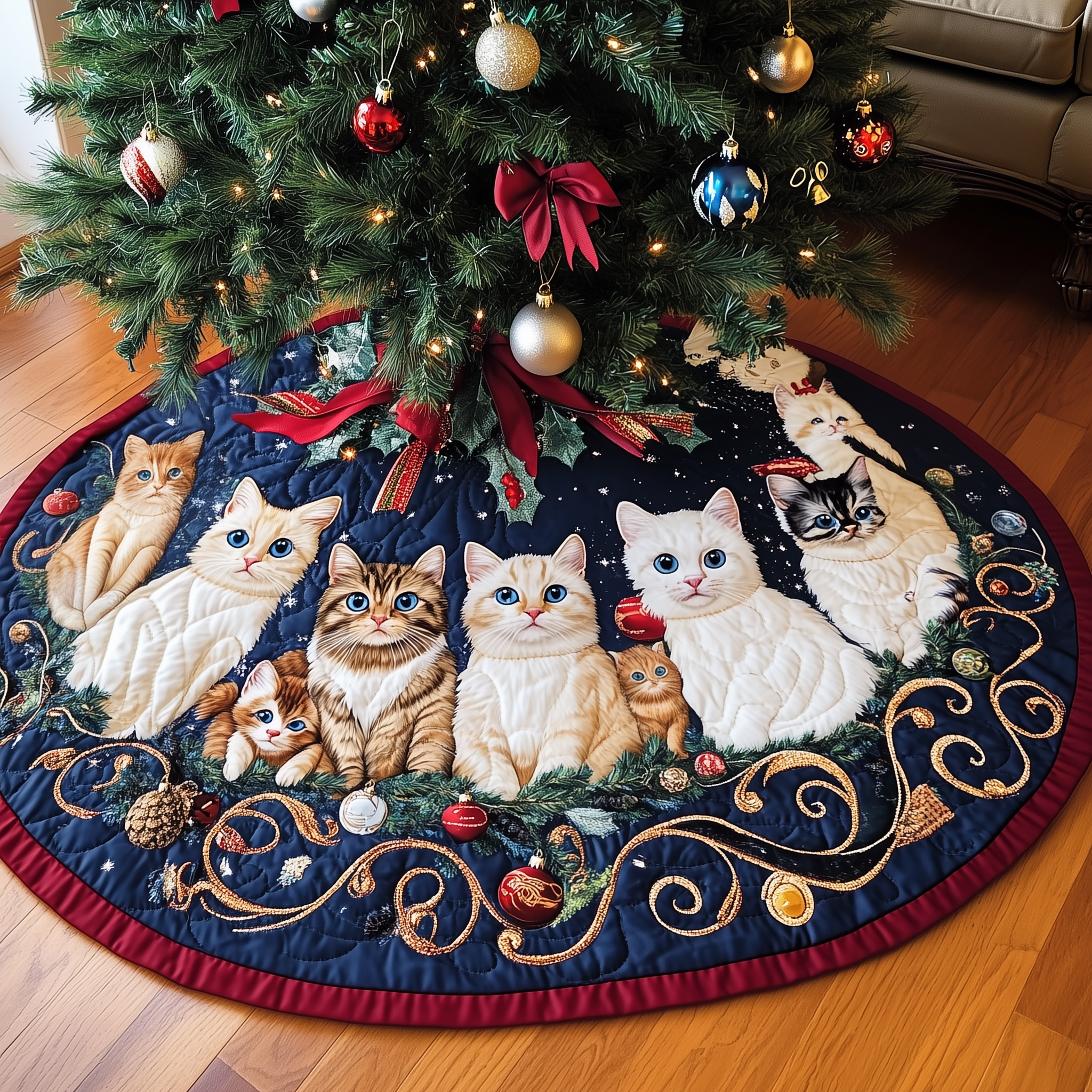 Festive Cat Quilted Tree Skirt Xmas Tree Surround Christmas Cat Indoor Decorations Presents