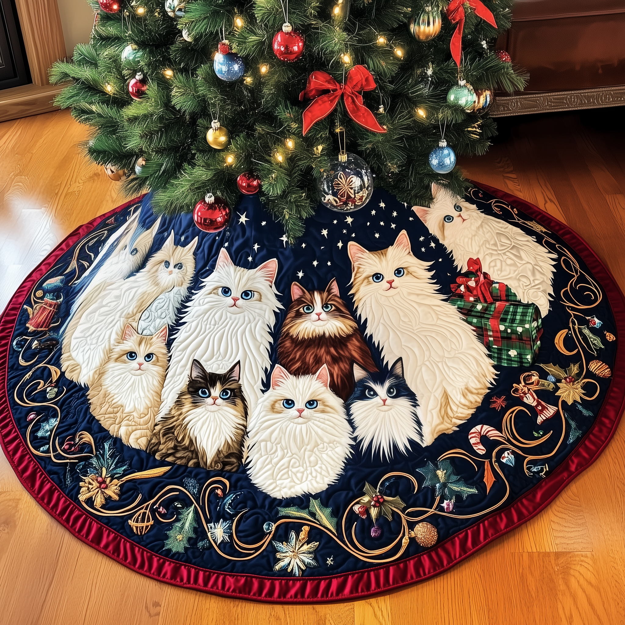 Festive Cat Quilted Tree Skirt Xmas Tree Surround Christmas Cat Indoor Decorations Presents