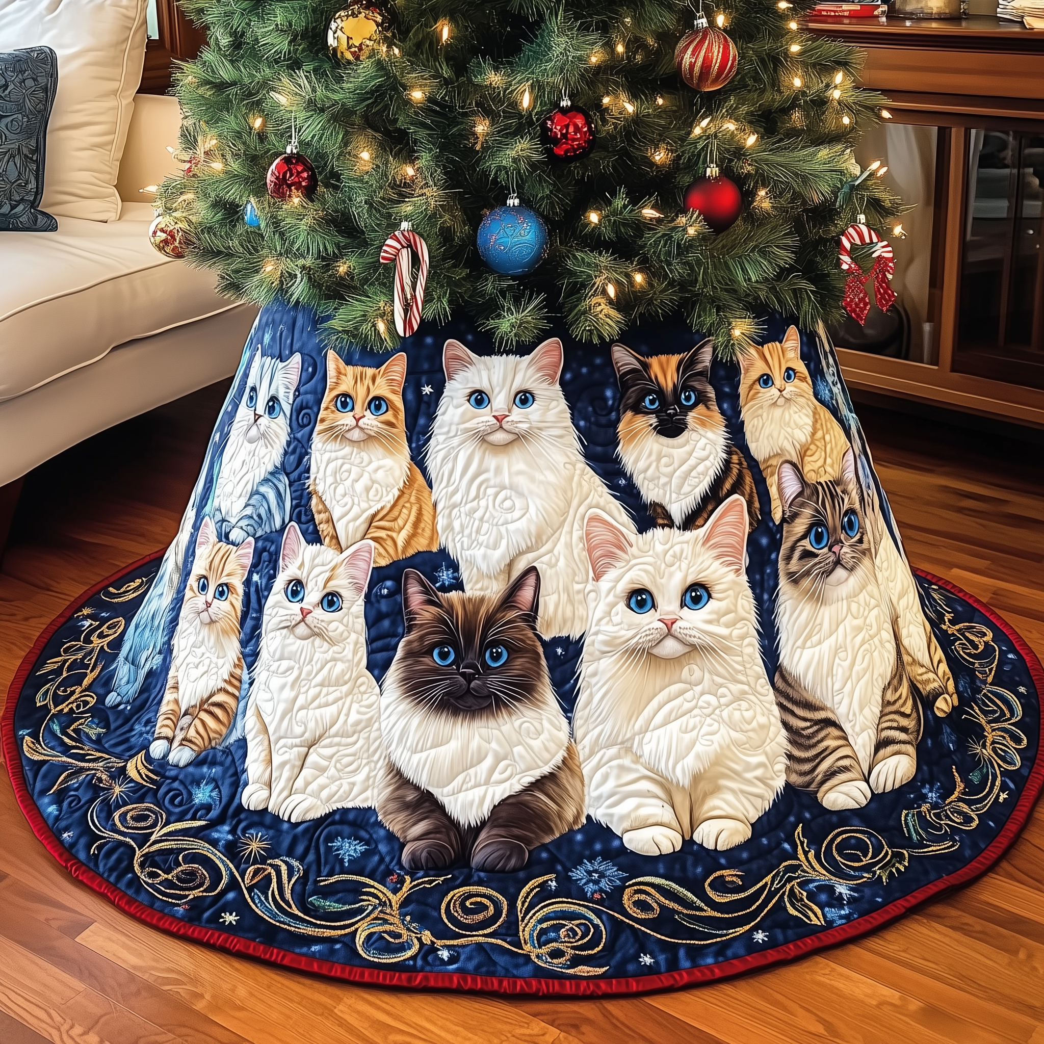 Festive Cat Quilted Tree Skirt Xmas Tree Surround Christmas Cat Indoor Decorations Presents