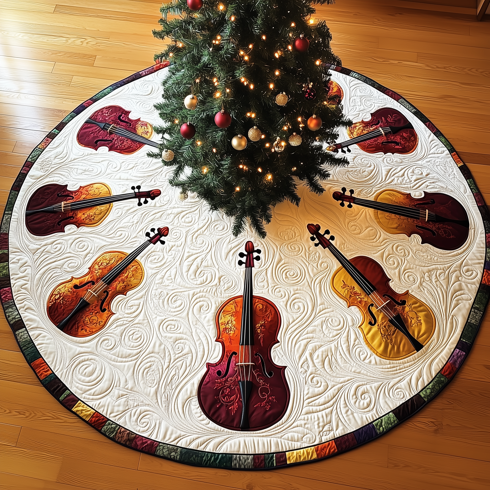 Festive Cello Quilted Tree Skirt Joyful Holiday Season Gift Merch