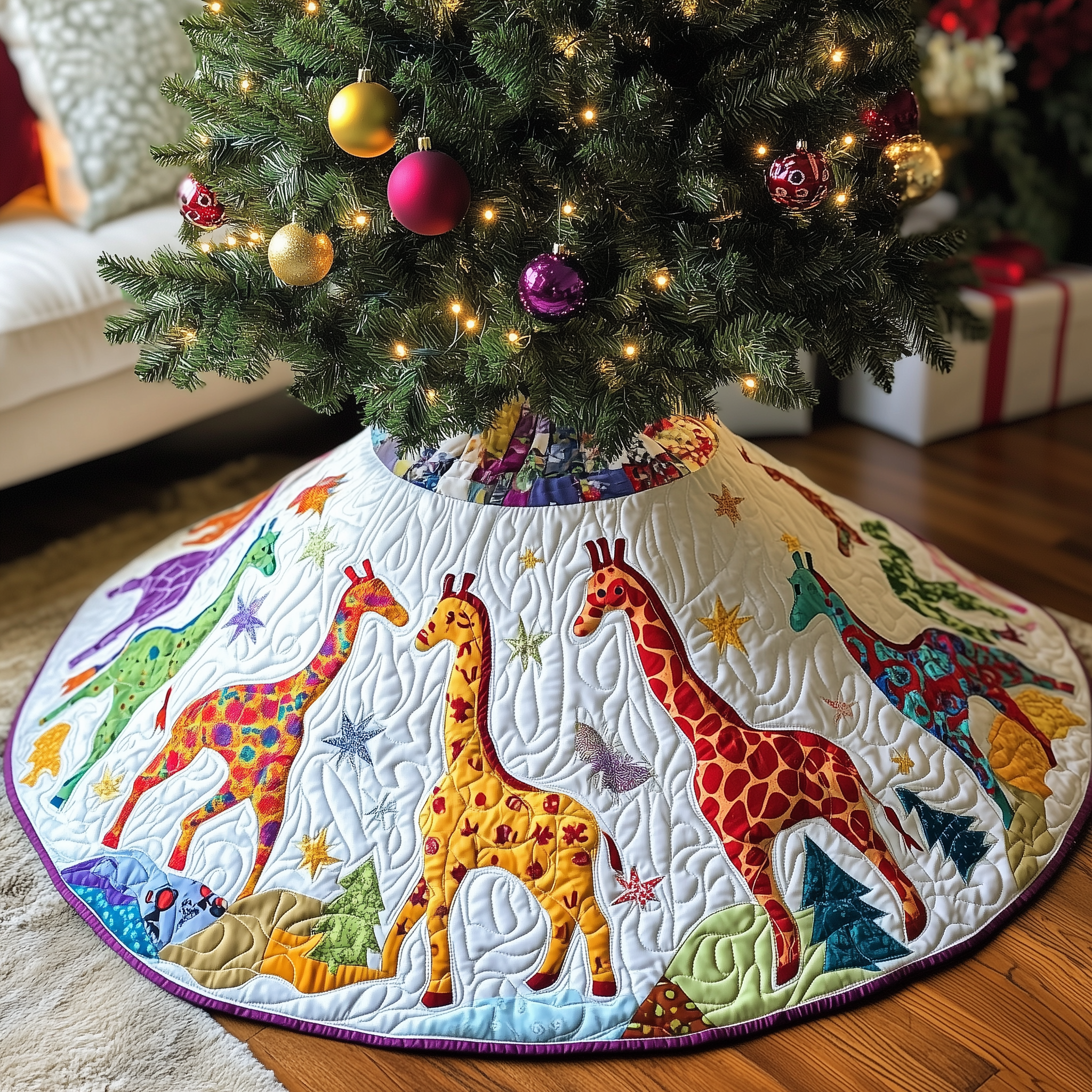 Festive Chicken Christmas Quilted Tree Skirt Cozy Home Decor Gift Merch
