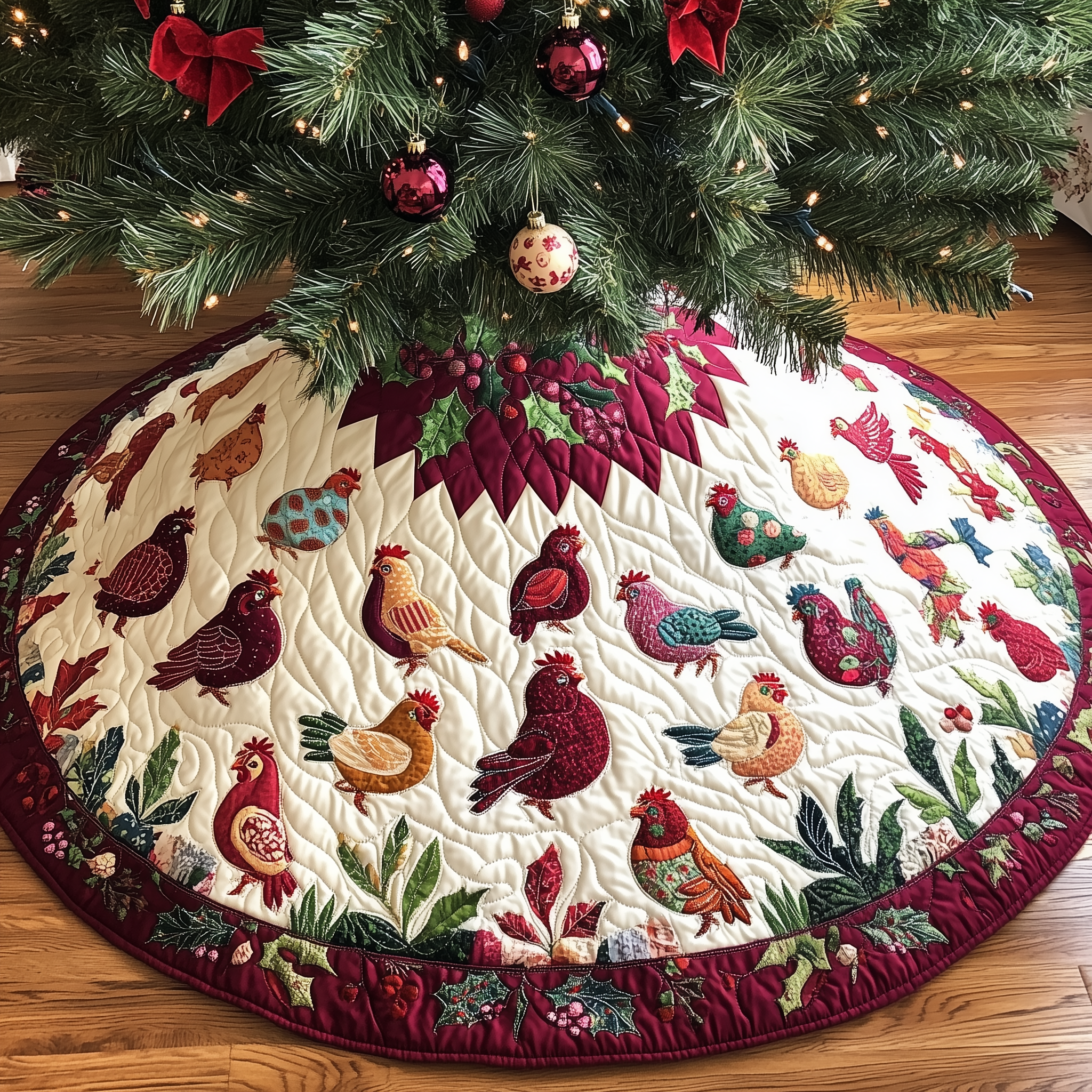 Festive Chicken Christmas Quilted Tree Skirt  Holiday Tree Skirt Xmas Decorations Chicken Lover Presents