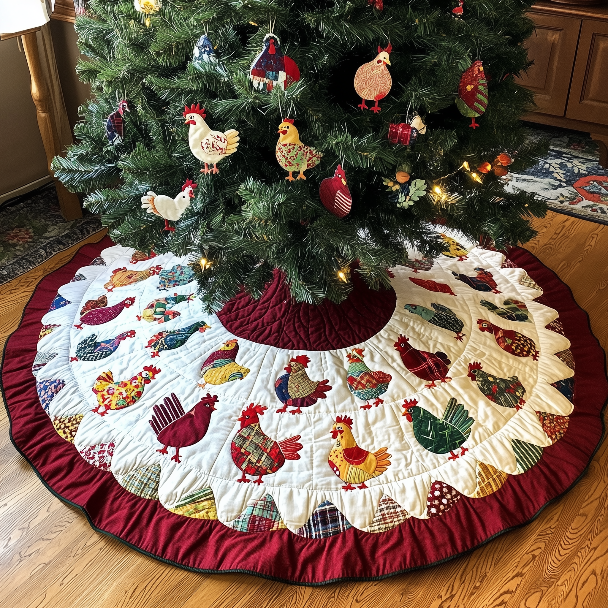 Festive Chicken Christmas Quilted Tree Skirt  Holiday Tree Skirt Xmas Decorations Chicken Lover Presents
