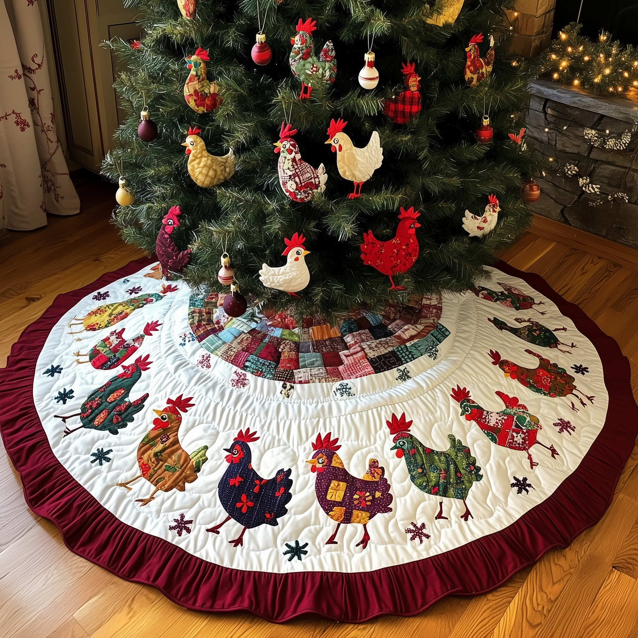 Festive Chicken Christmas Quilted Tree Skirt Lovely Gift Merch For Couples