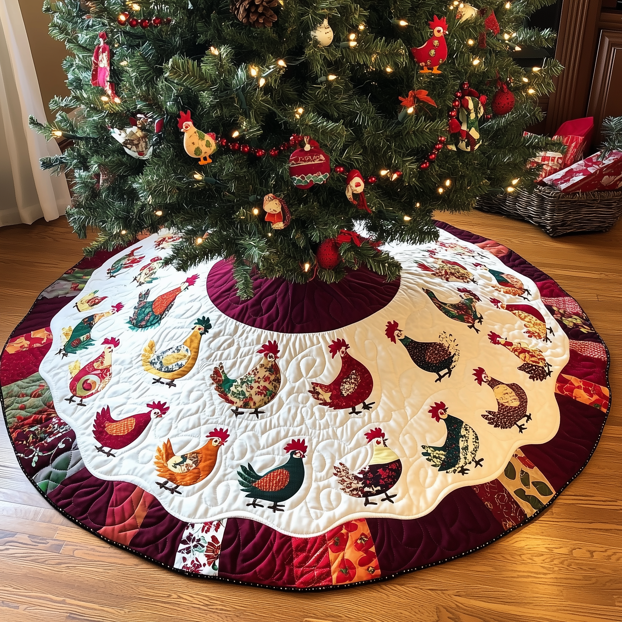 Festive Chicken Christmas Quilted Tree Skirt Thoughtful Gift Merch For Dad