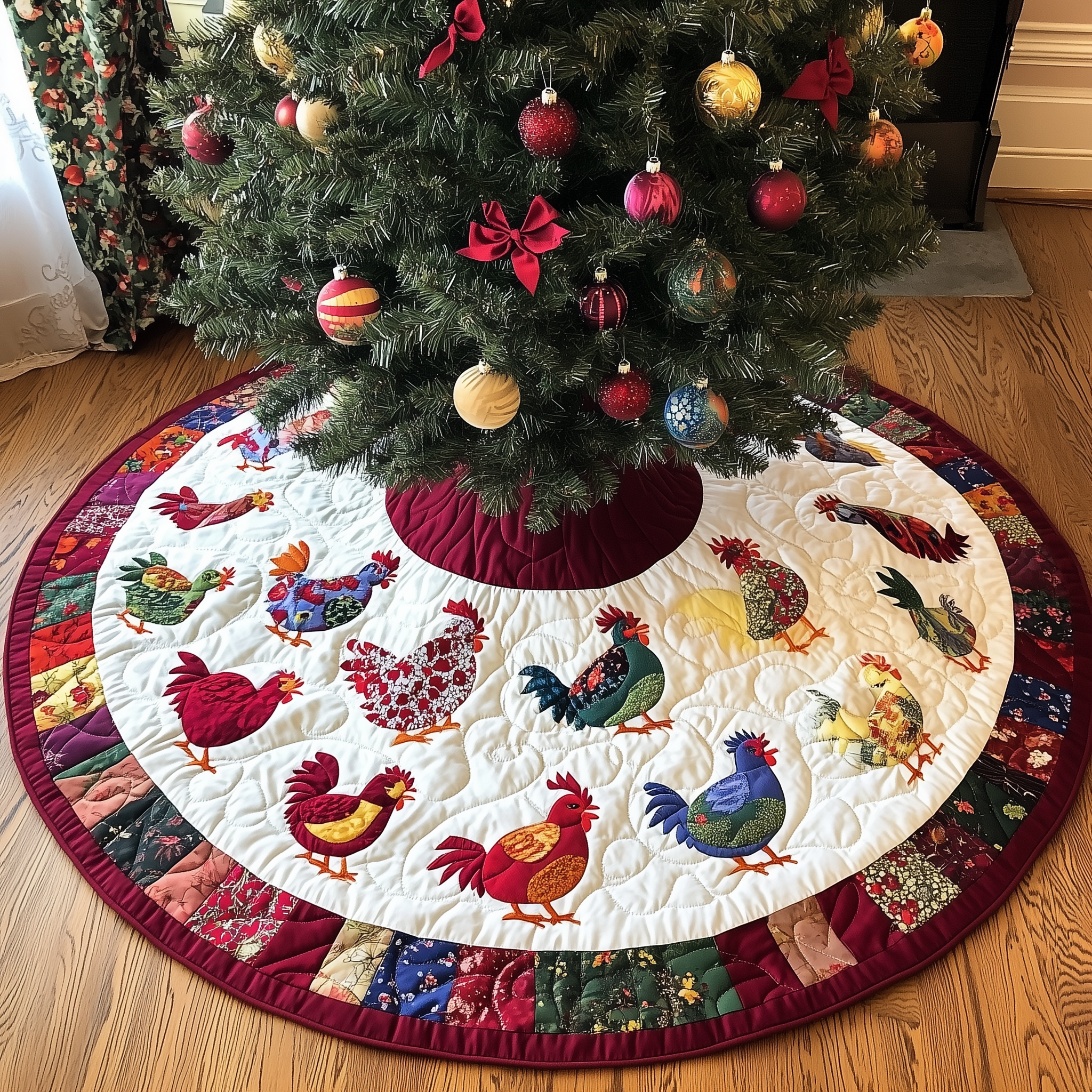 Festive Chicken Christmas Quilted Tree Skirt Warm Gift Merch For Family