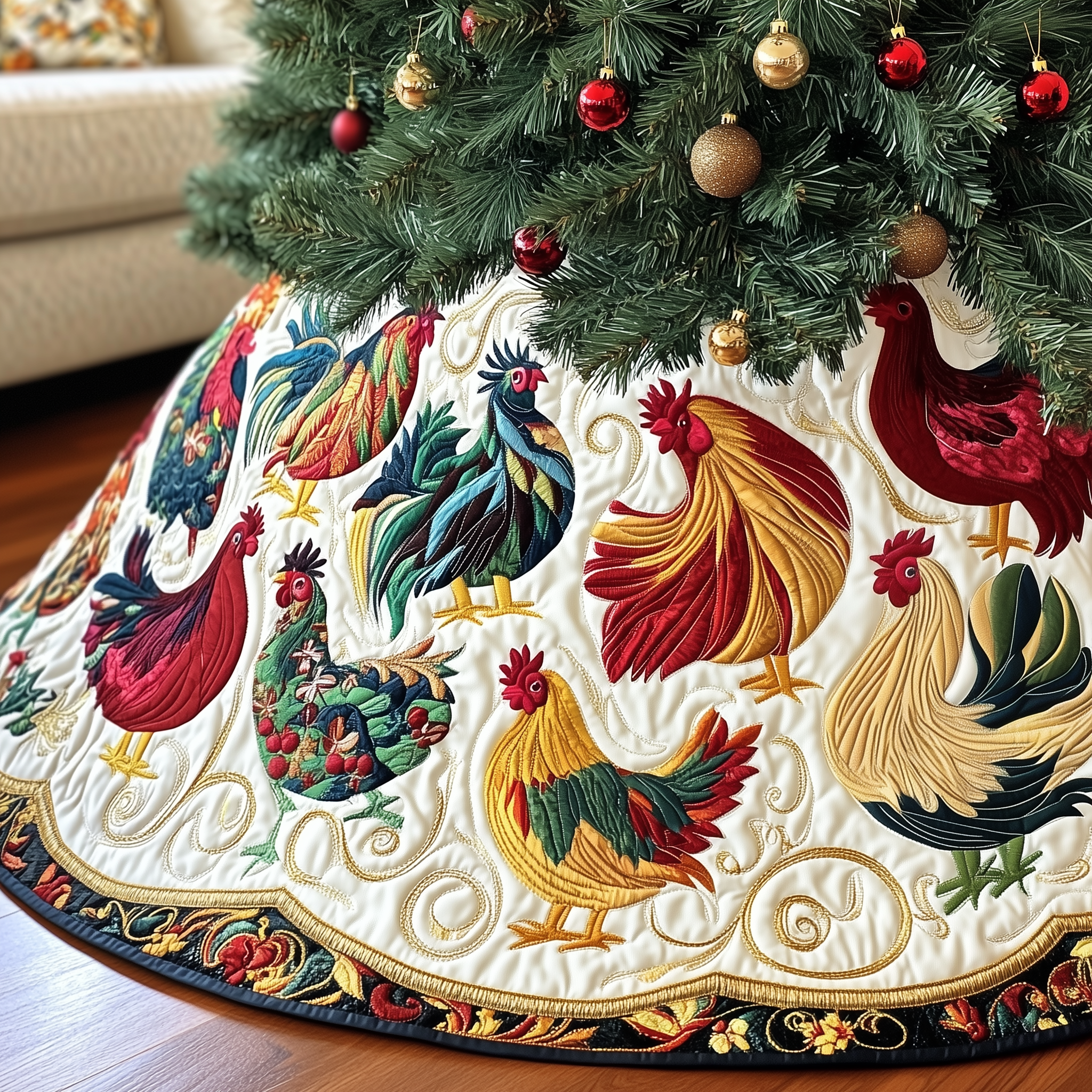 Festive Chicken Quilted Tree Skirt Beautiful Christmas Tree Skirt Merch