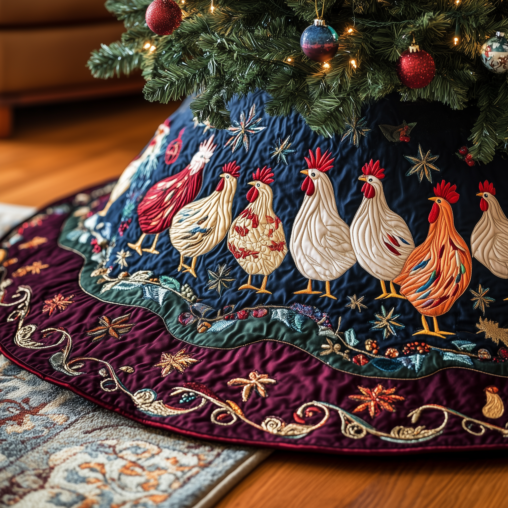 Festive Chicken Quilted Tree Skirt Indoor Tree Decorations Chicken Christmas Gifts For Owners