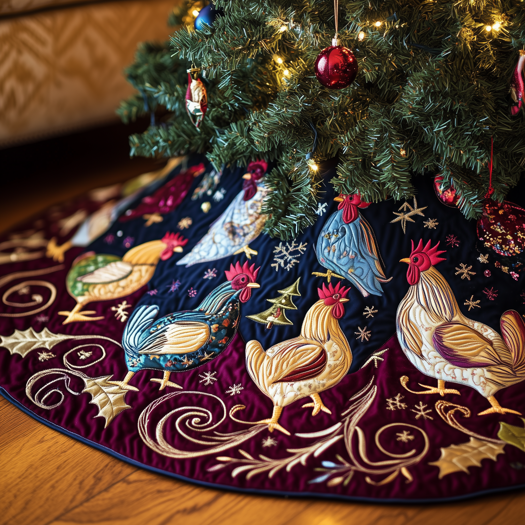 Festive Chicken Quilted Tree Skirt Stylish Holiday Decor Gift Merch