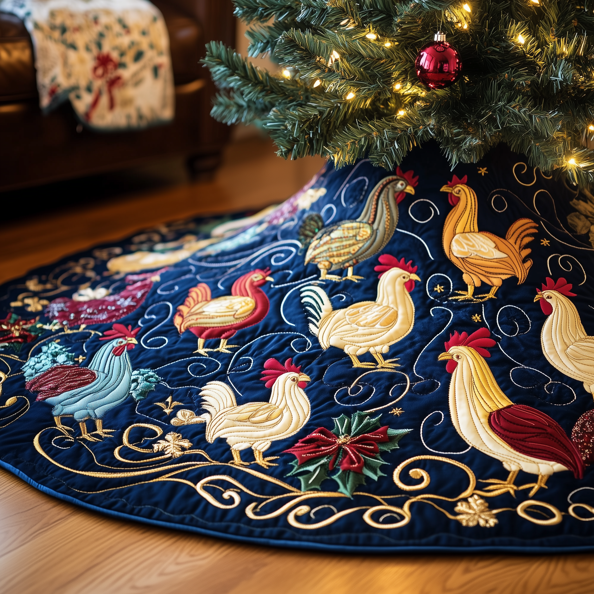 Festive Chicken Quilted Tree Skirt Xmas Tree Surround Decorations Best Christmas Chicken Themed Gifts