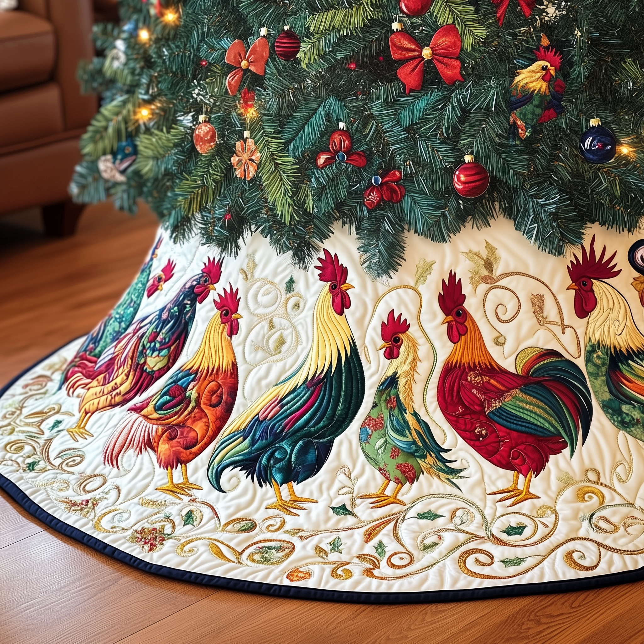 Festive Chicken Quilted Tree Skirt Xmas Tree Surround Decorations Best Christmas Chicken Themed Gifts