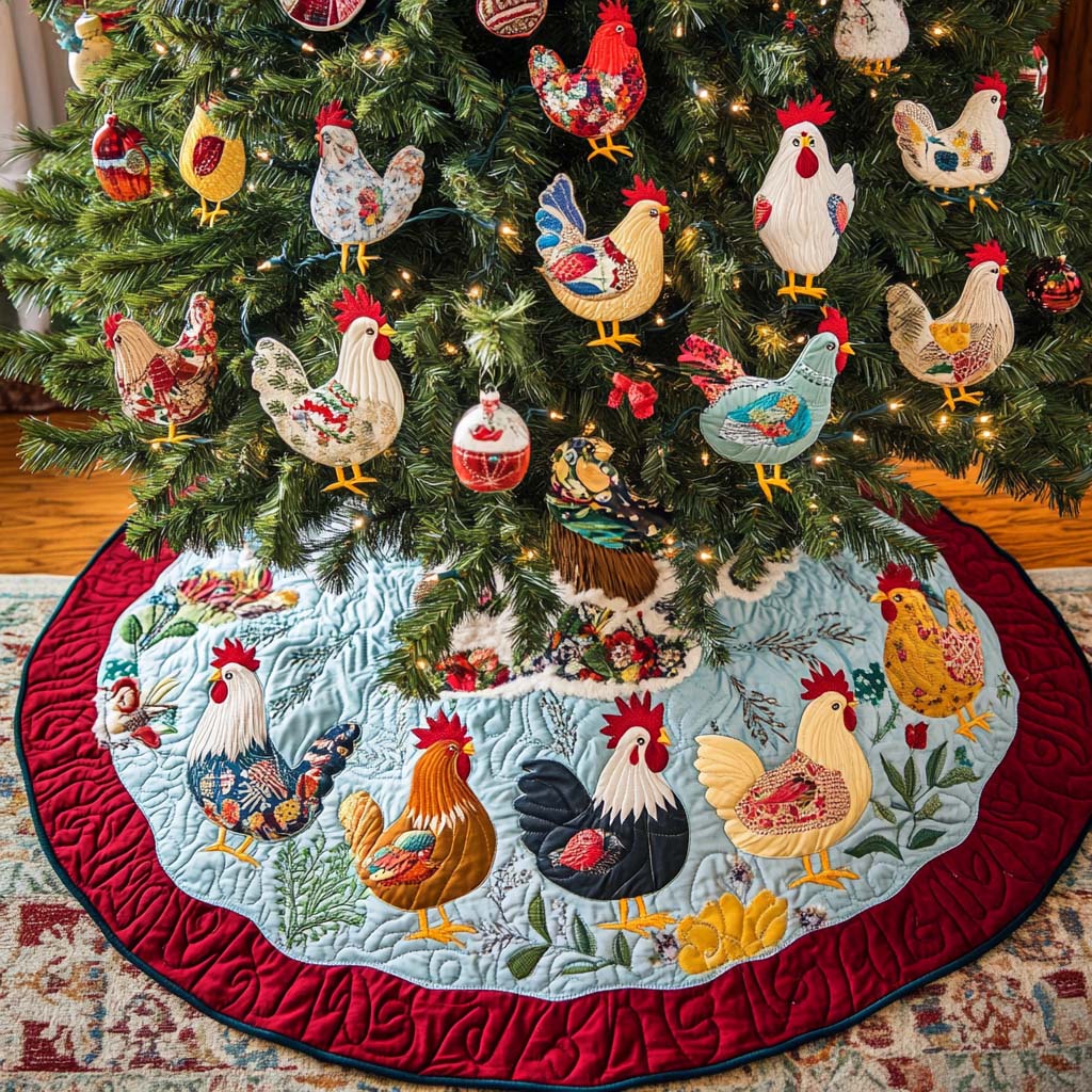 Festive Chickens Christmas Quilted Tree Skirt Cozy Holiday Home Decor