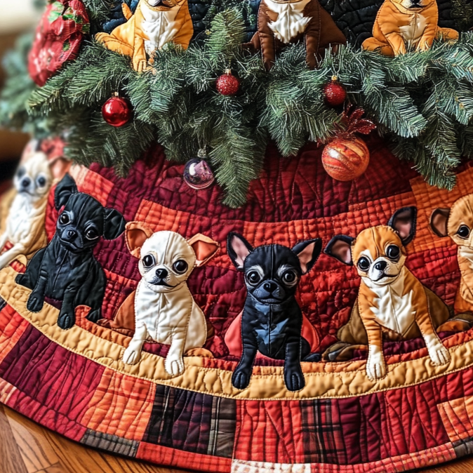 Festive Chihuahua Cheer Chritstmas Quilted Tree Skirt Christmas Holiday Decor Home