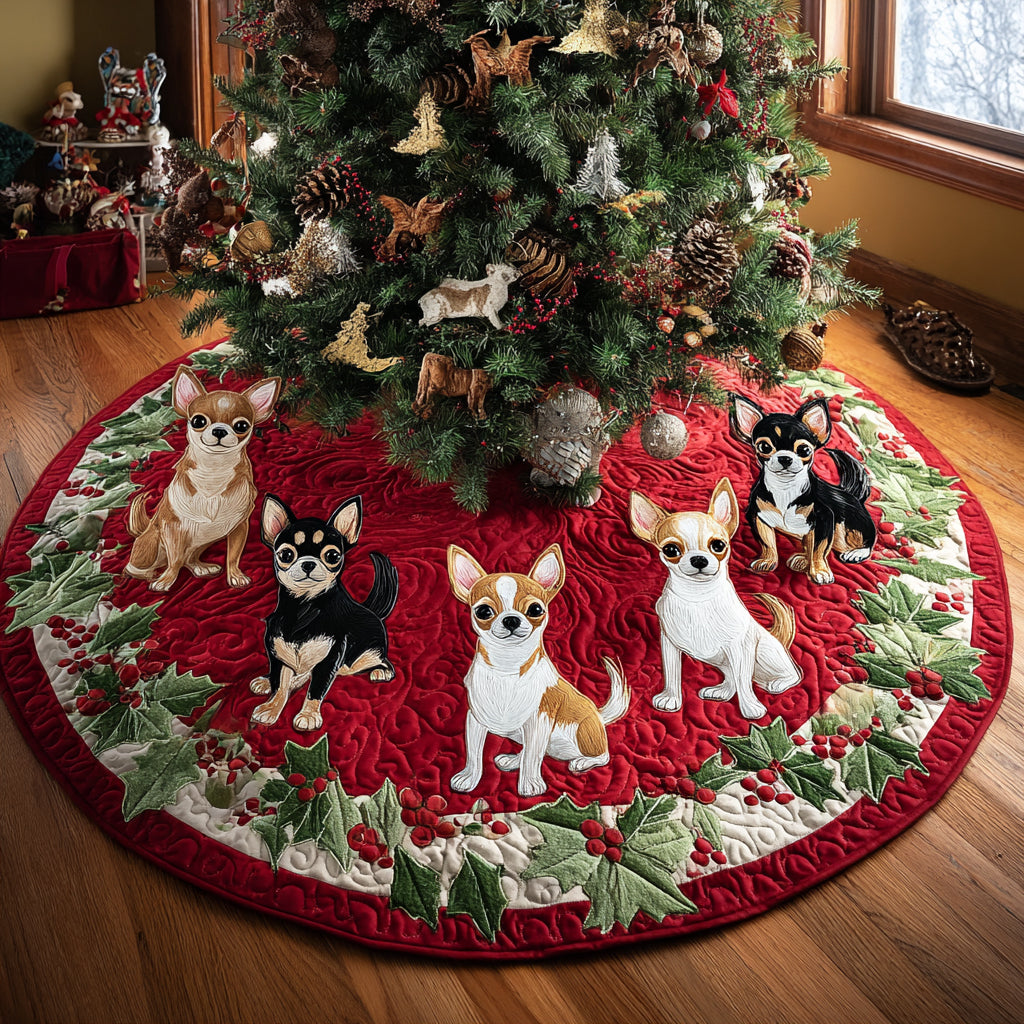 Festive Chihuahua Quilted Christmas Tree Skirt Charming Tree Skirt for Family Gatherings Thoughtful Christmas Tree Skirt Gift Idea Magical Christmas Tree Skirt to Impress Guests