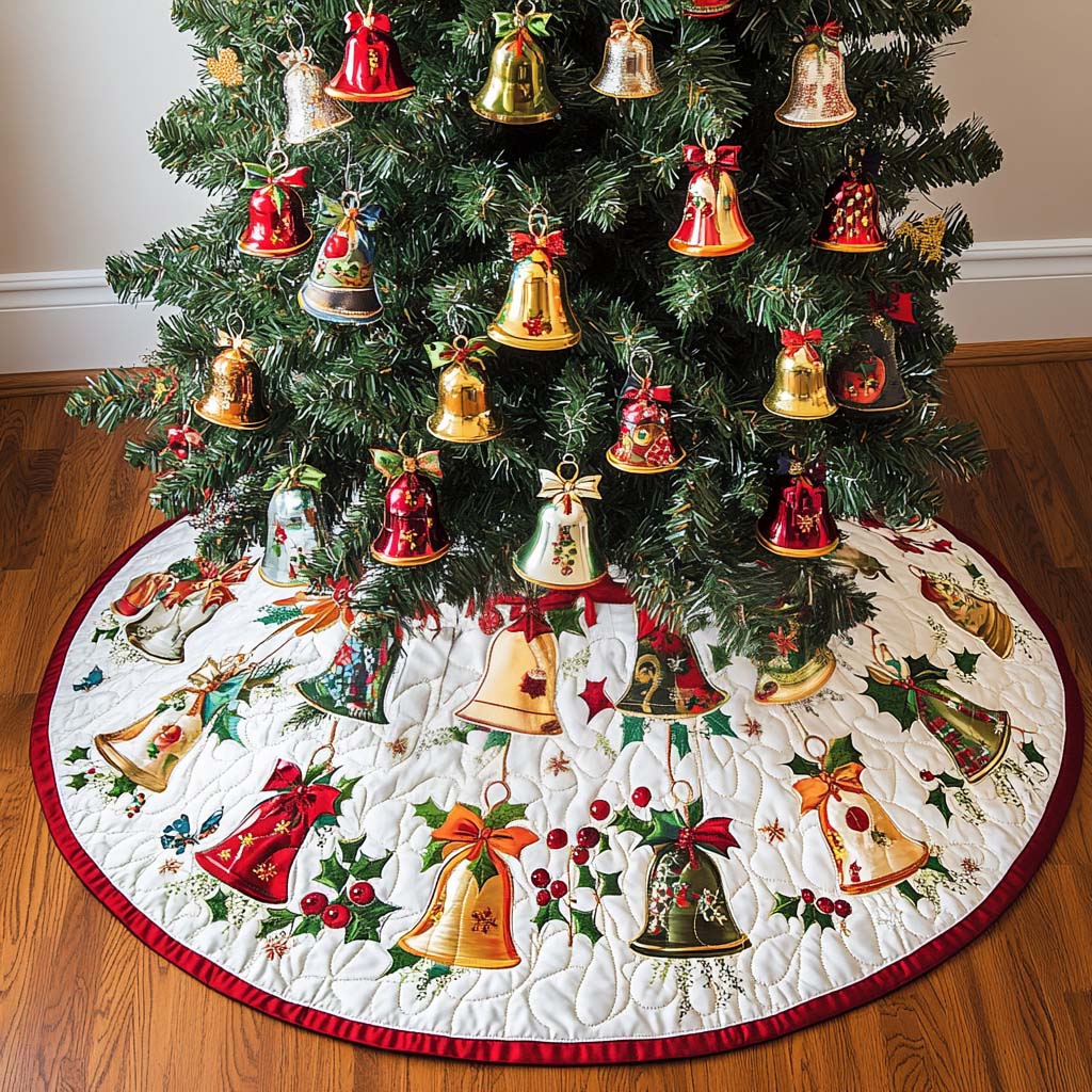 Festive Chimes Christmas Quilted Tree Skirt Winter Holiday Decor