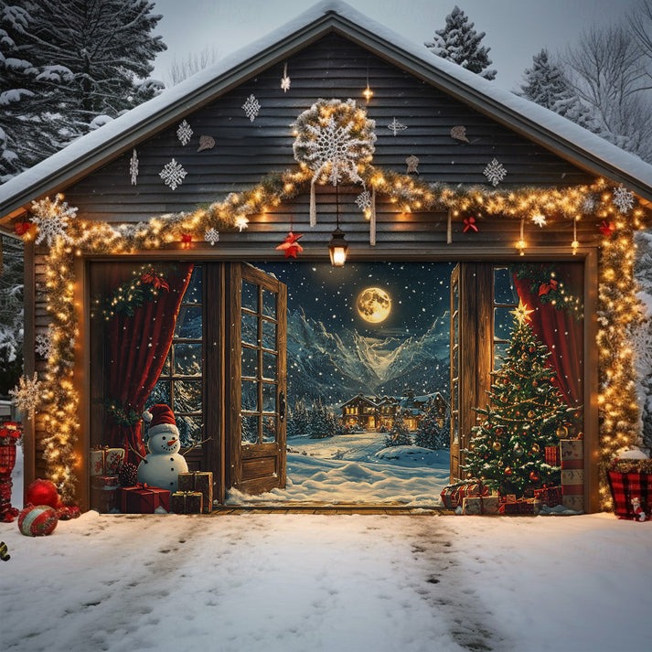 Festive Christmas Night View Garage Door Cover Snowman And Full Moon Outside Decor Gifts