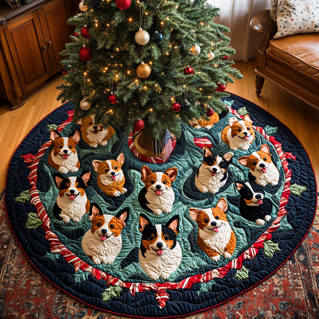 Festive Corgi Cheer Chritstmas Quilted Tree Skirt Christmas Holiday Decor Home