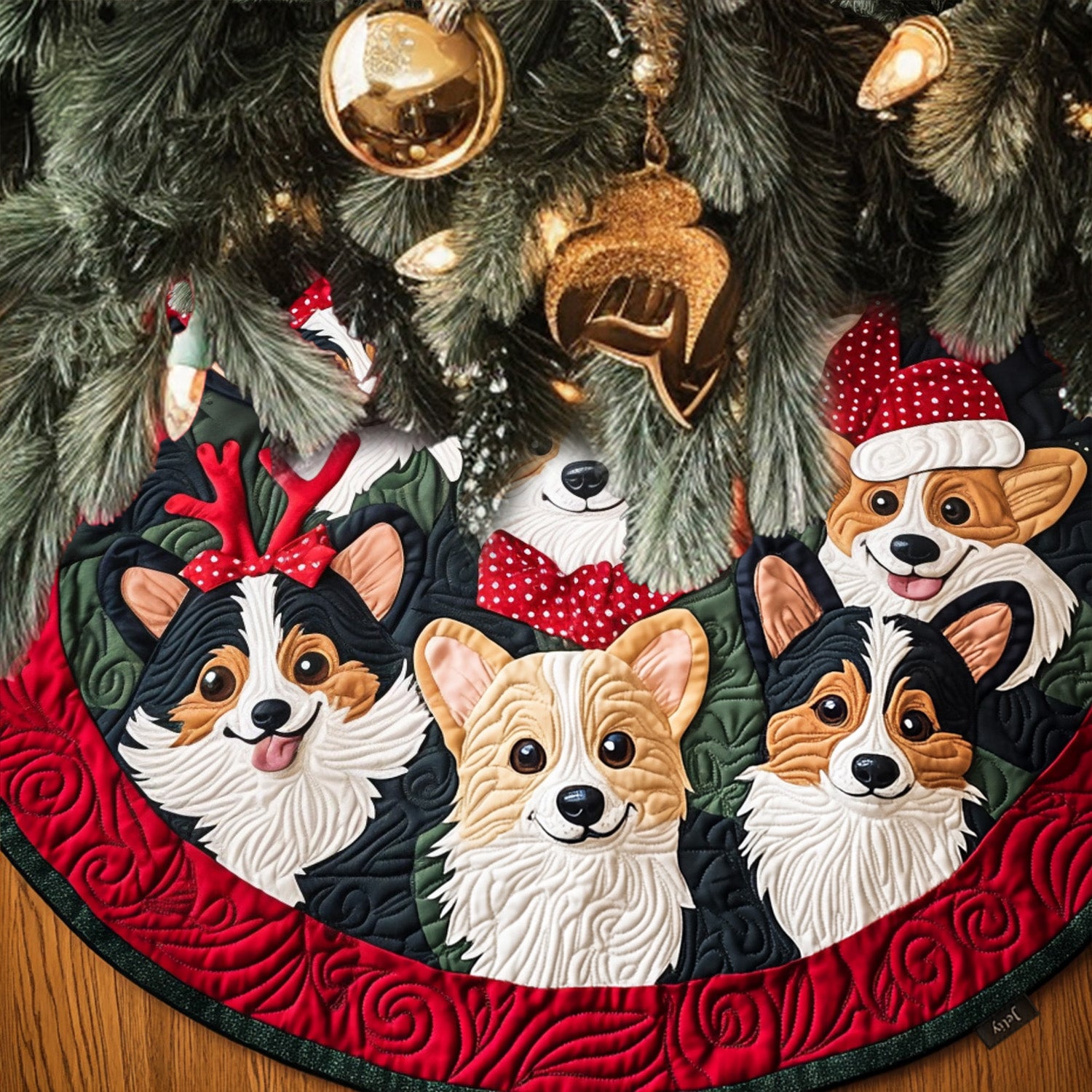 Festive Corgi Delight Quilted Christmas Tree Skirt Trending Christmas Tree Skirt Merch 2025