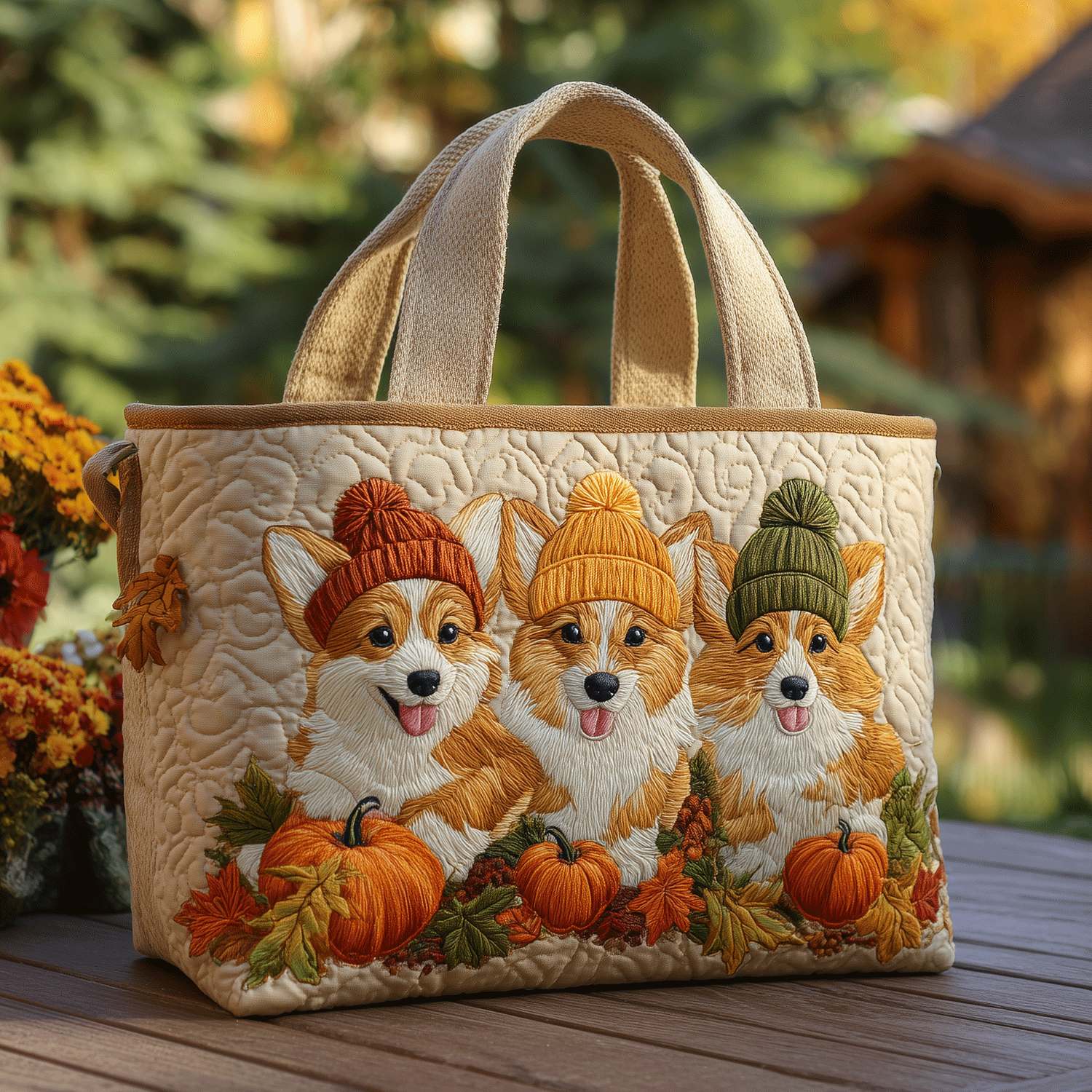 Festive Corgi Friends Quilted Tote Bag Cool Gifts For Dog Lovers