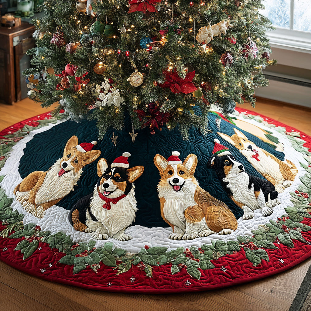 Festive Corgi Parade Quilted Christmas Tree Skirt Exclusive Holiday Tree Skirt Gift for Families