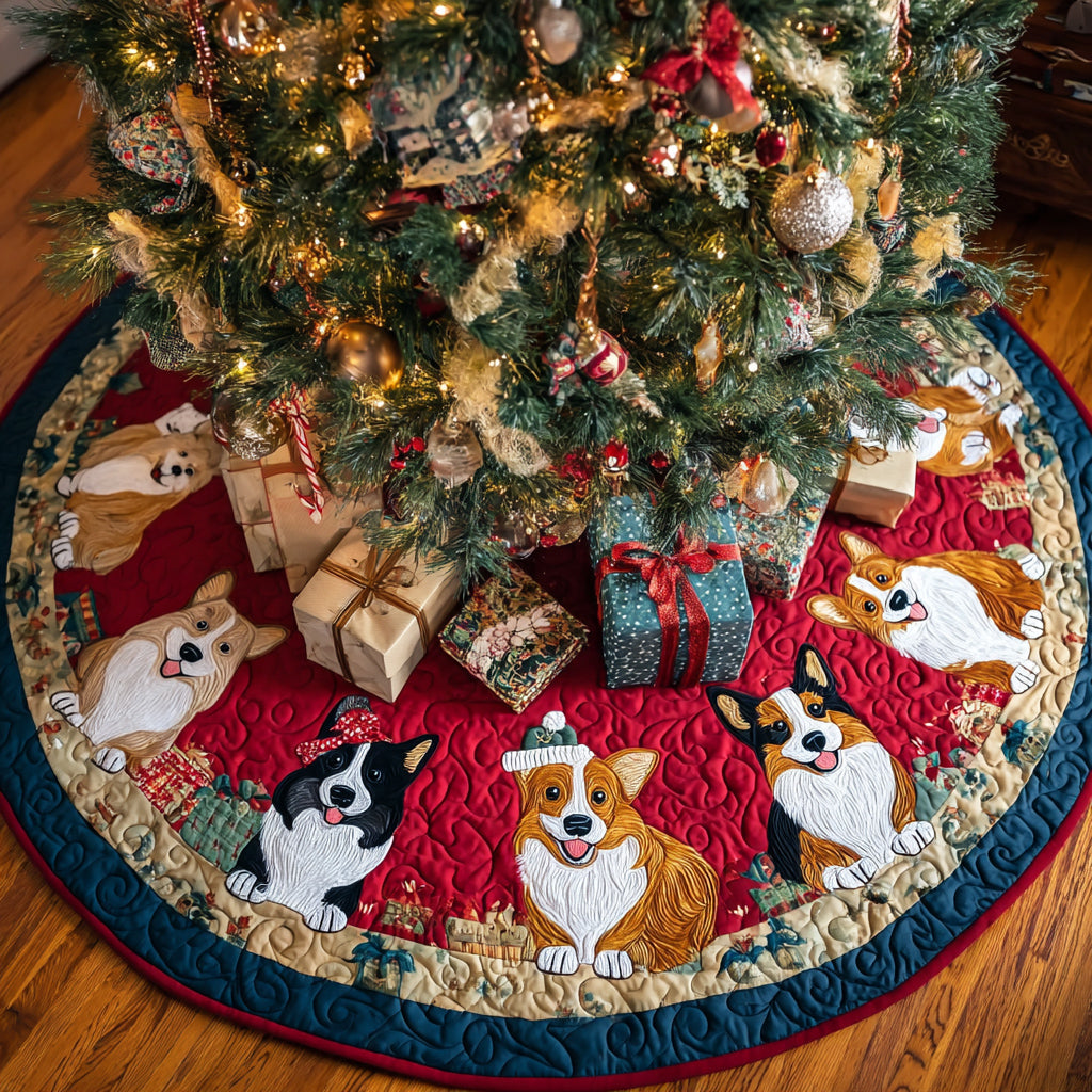 Festive Corgi Parade Quilted Christmas Tree Skirt Popular Gift Merch for Christmas Enthusiasts