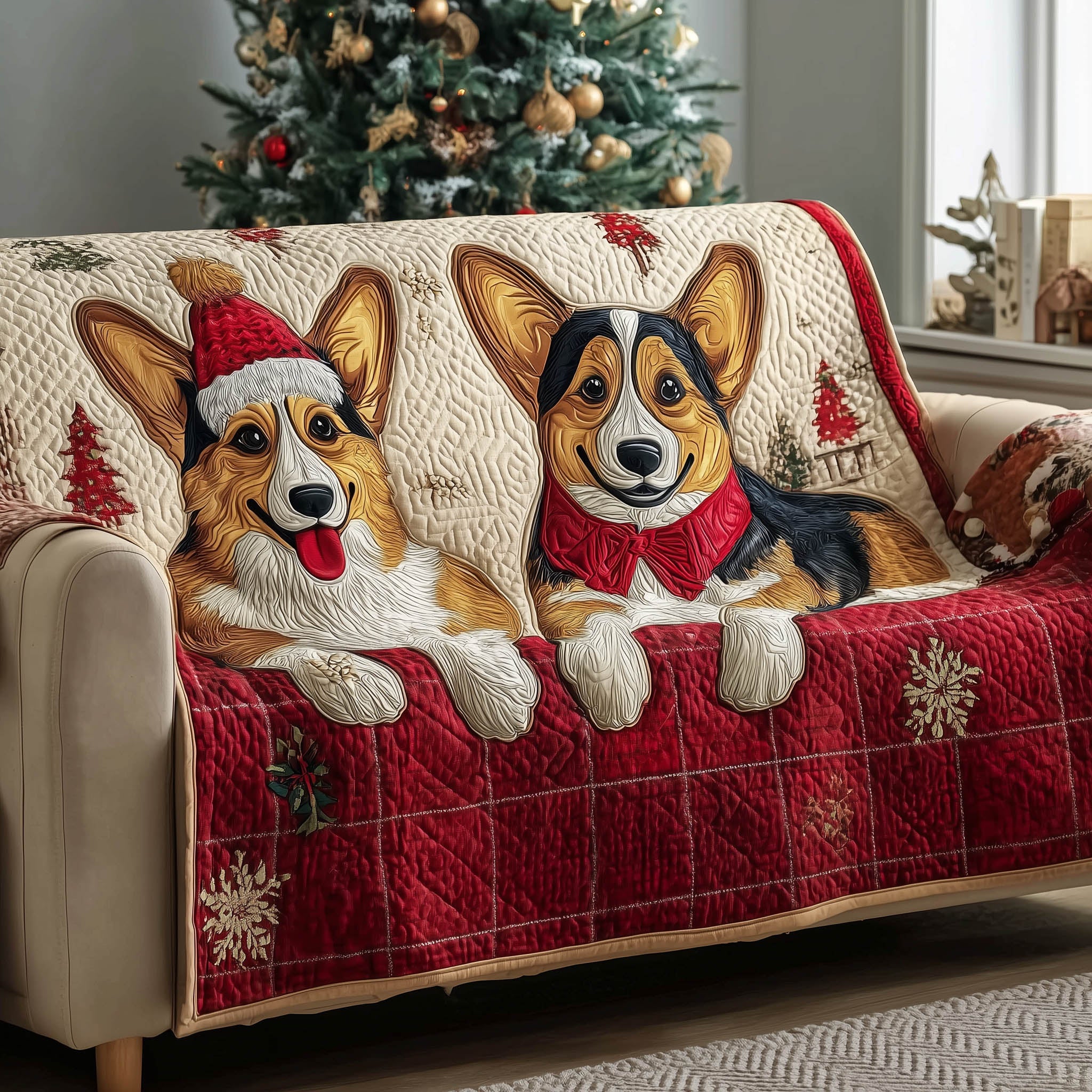 Festive Corgi Quilted Sofa Cover Christmas Dog Accent Corgi Owner Gifts