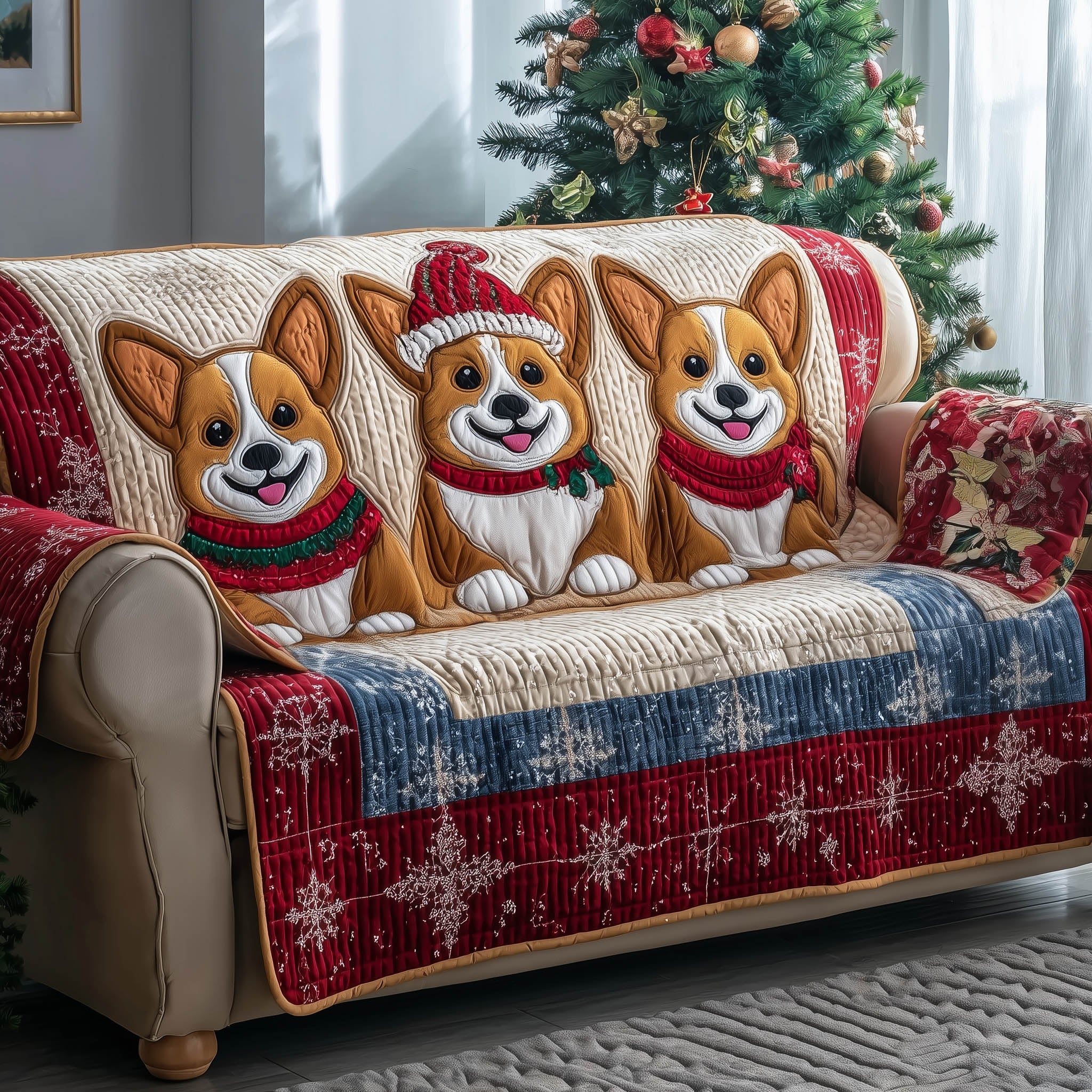 Festive Corgi Quilted Sofa Cover Holiday Sweater Dog Motif Corgi Owner Gifts