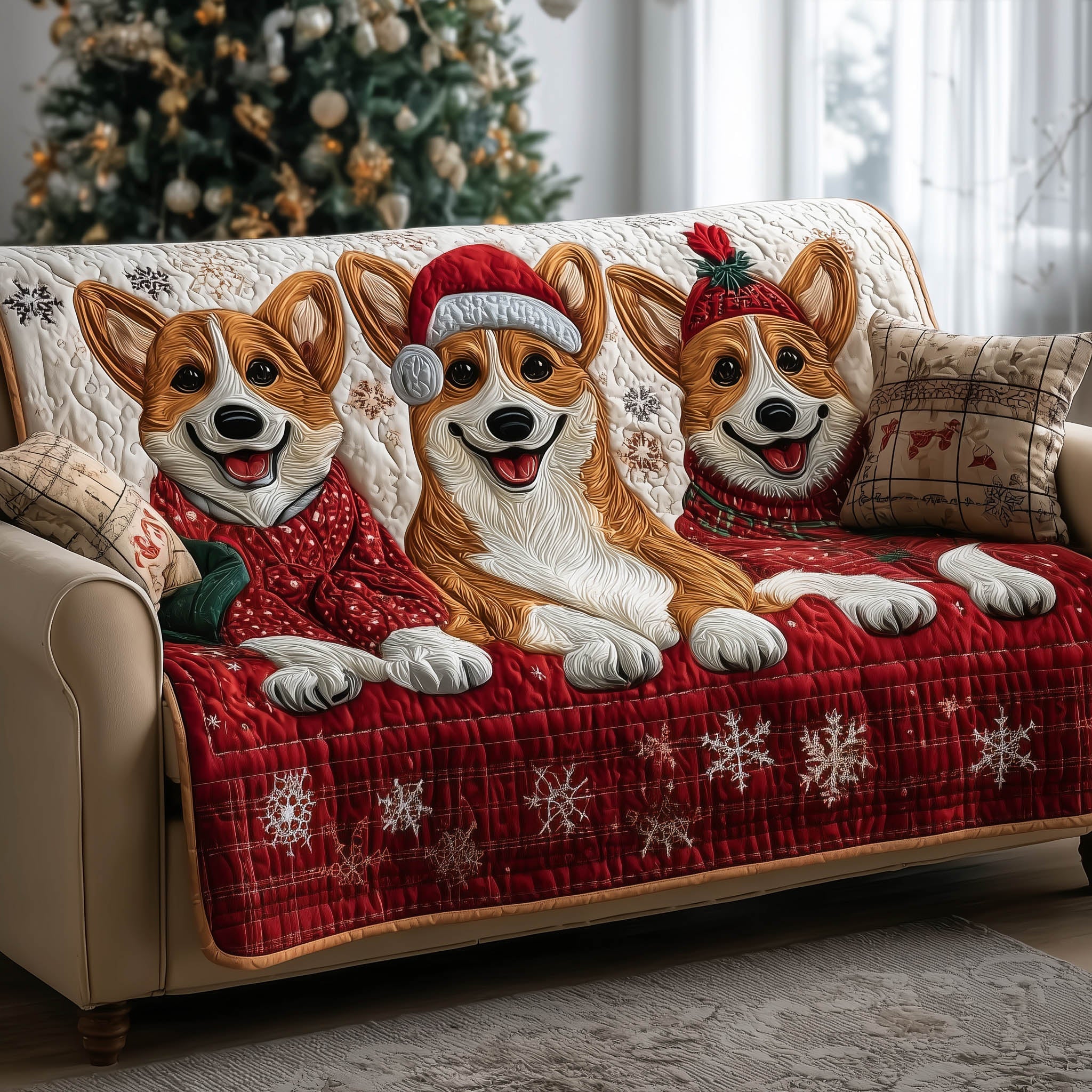 Festive Corgi Quilted Sofa Cover Santa Hat Dog Protector Corgi Owner Gifts