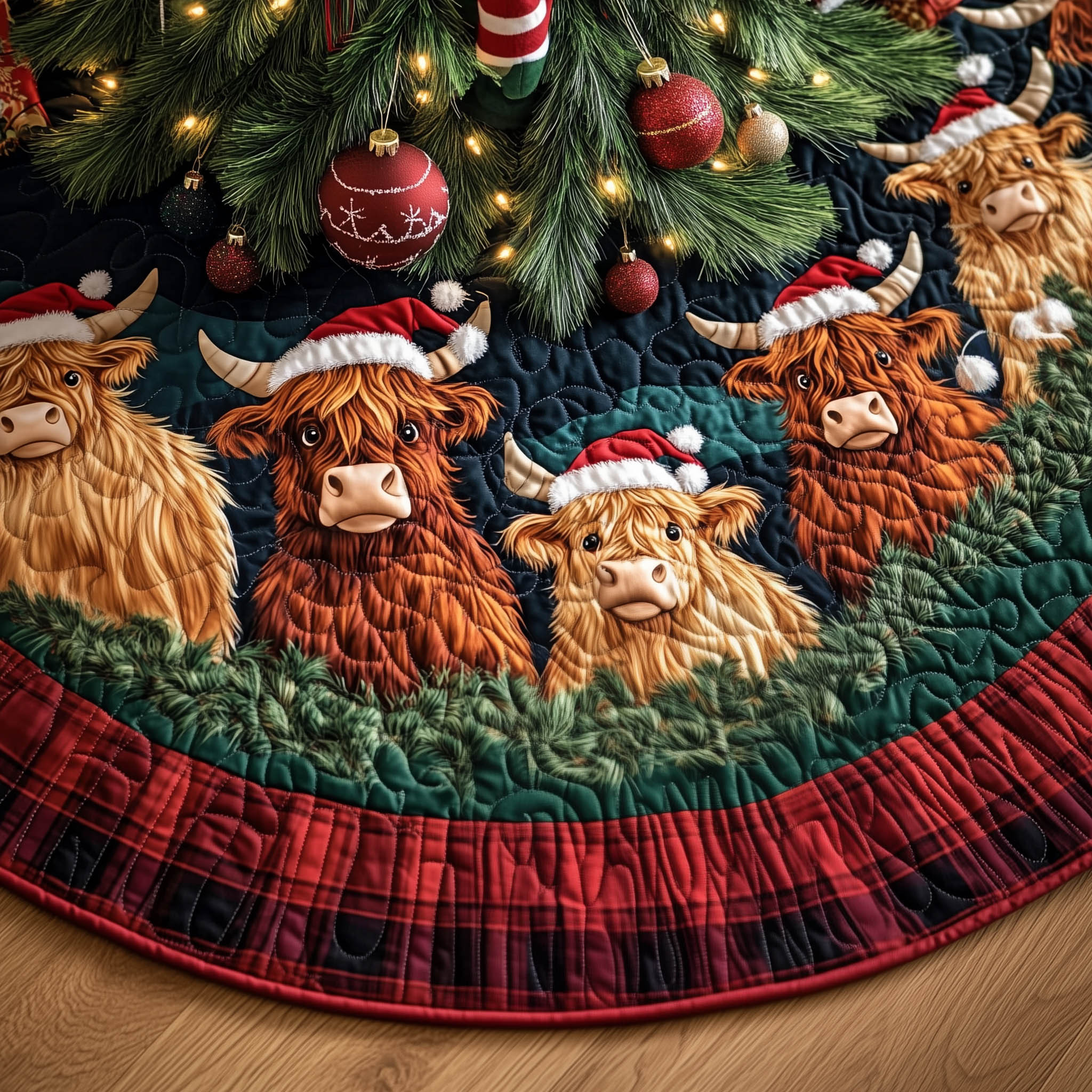 Festive Cow With Santa Hat Quilted Tree Skirt Christmas Room Decor Cow Related Gifts