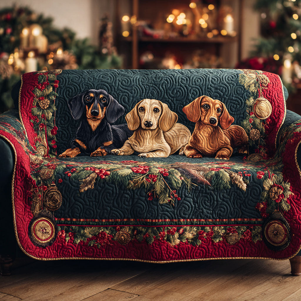 Festive Dachshund Delight Quilted Sofa Cover Living Room Winter Decor Dachshund Gifts For Women