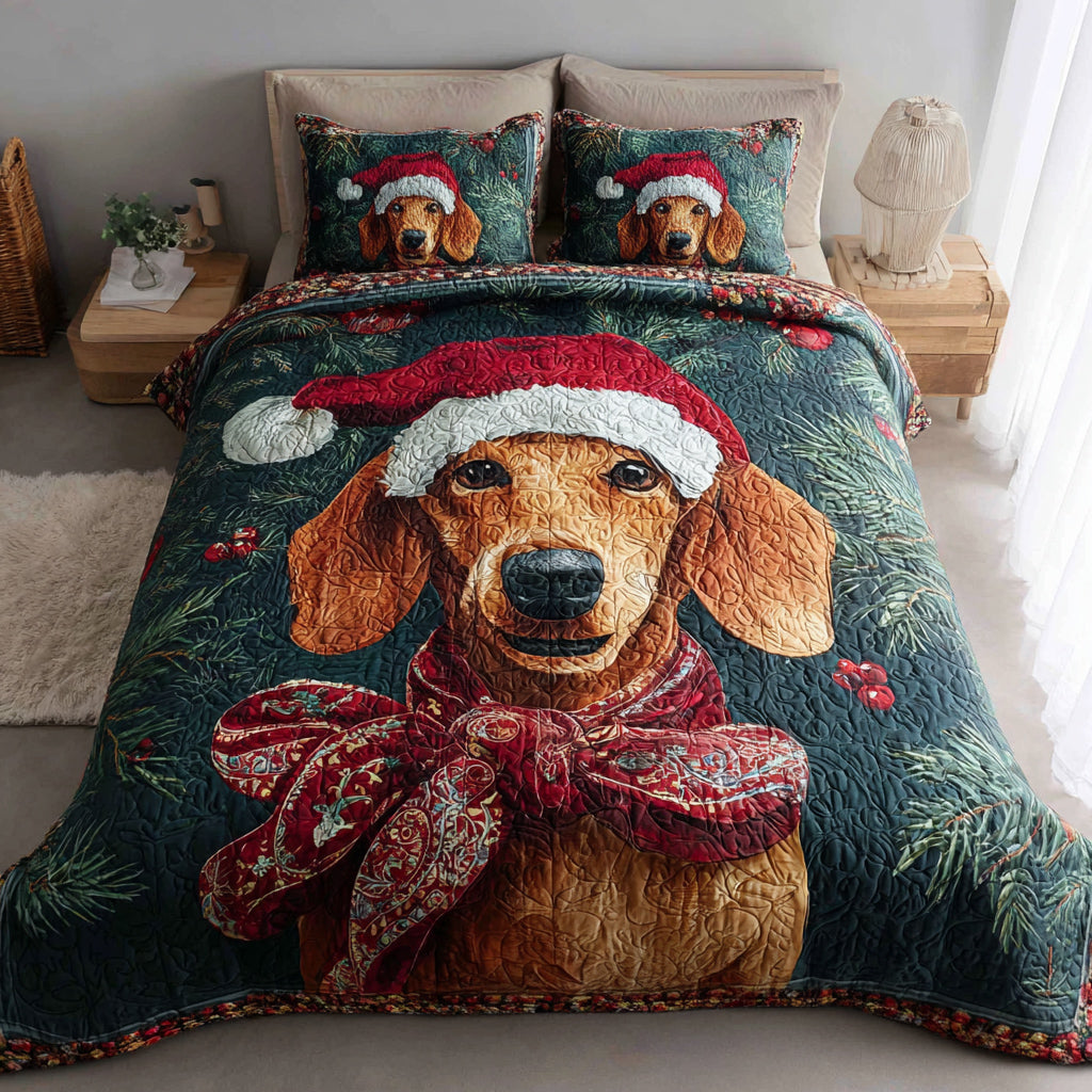 Festive Dachshund Grin Quilted Bedding Set Christmas Duvet Cover Sausage Dog Gift