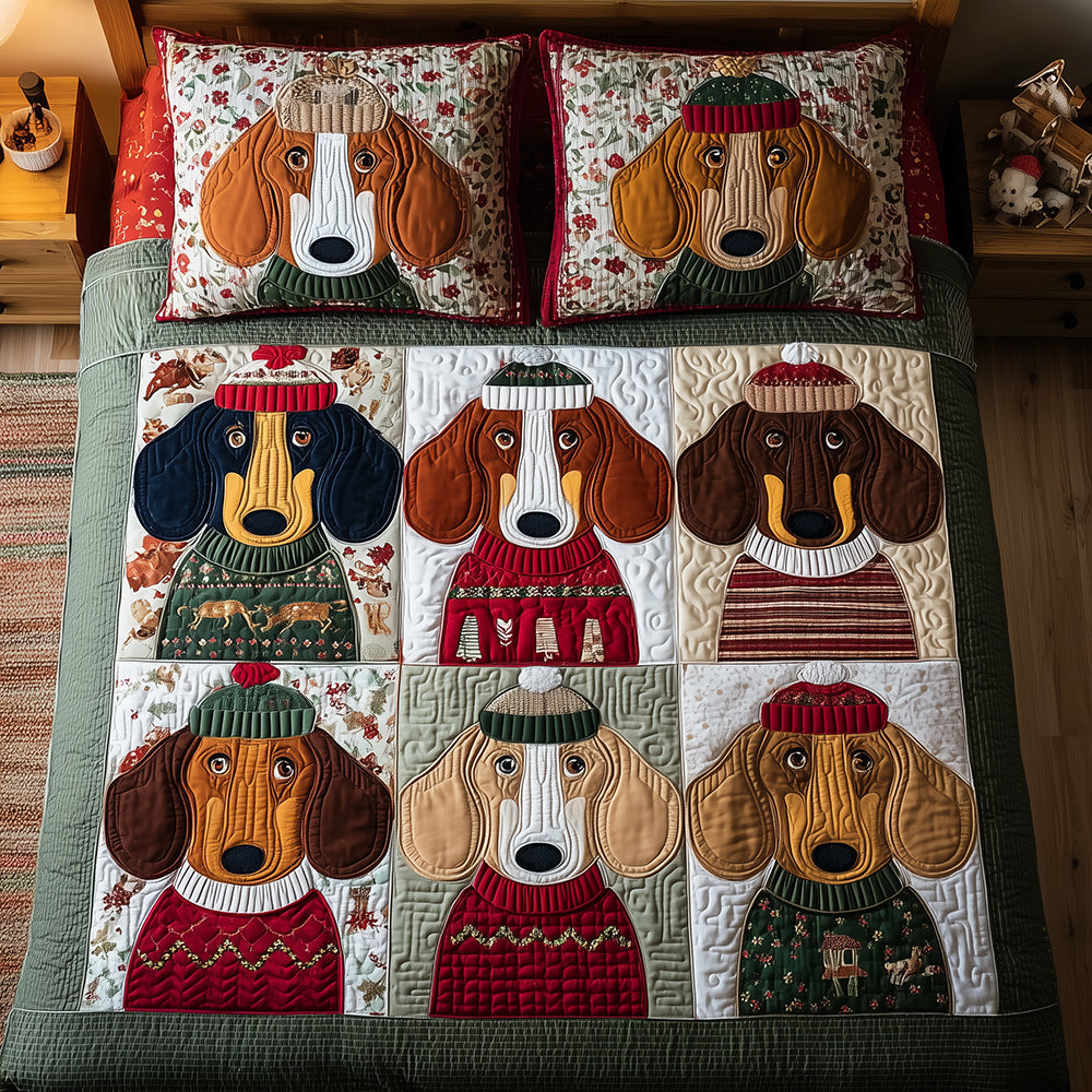 Festive Dachshund Night Quilted Bedding Set Holiday Duvet Cover Set Gift Ideas For Dachshund Lovers