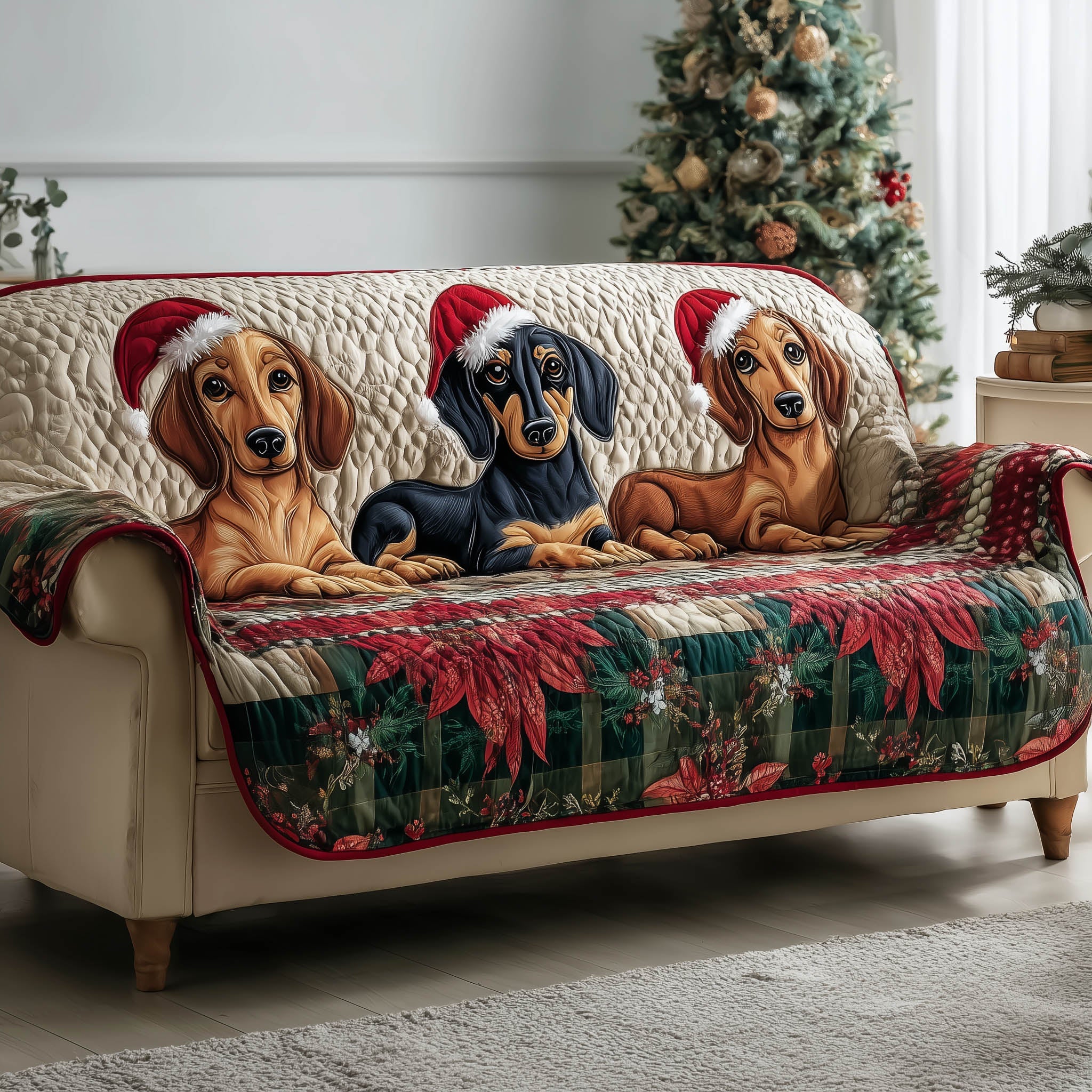 Festive Dachshund Quilted Sofa Cover Christmas Wiener Dog Design Dachshund Christmas Gifts