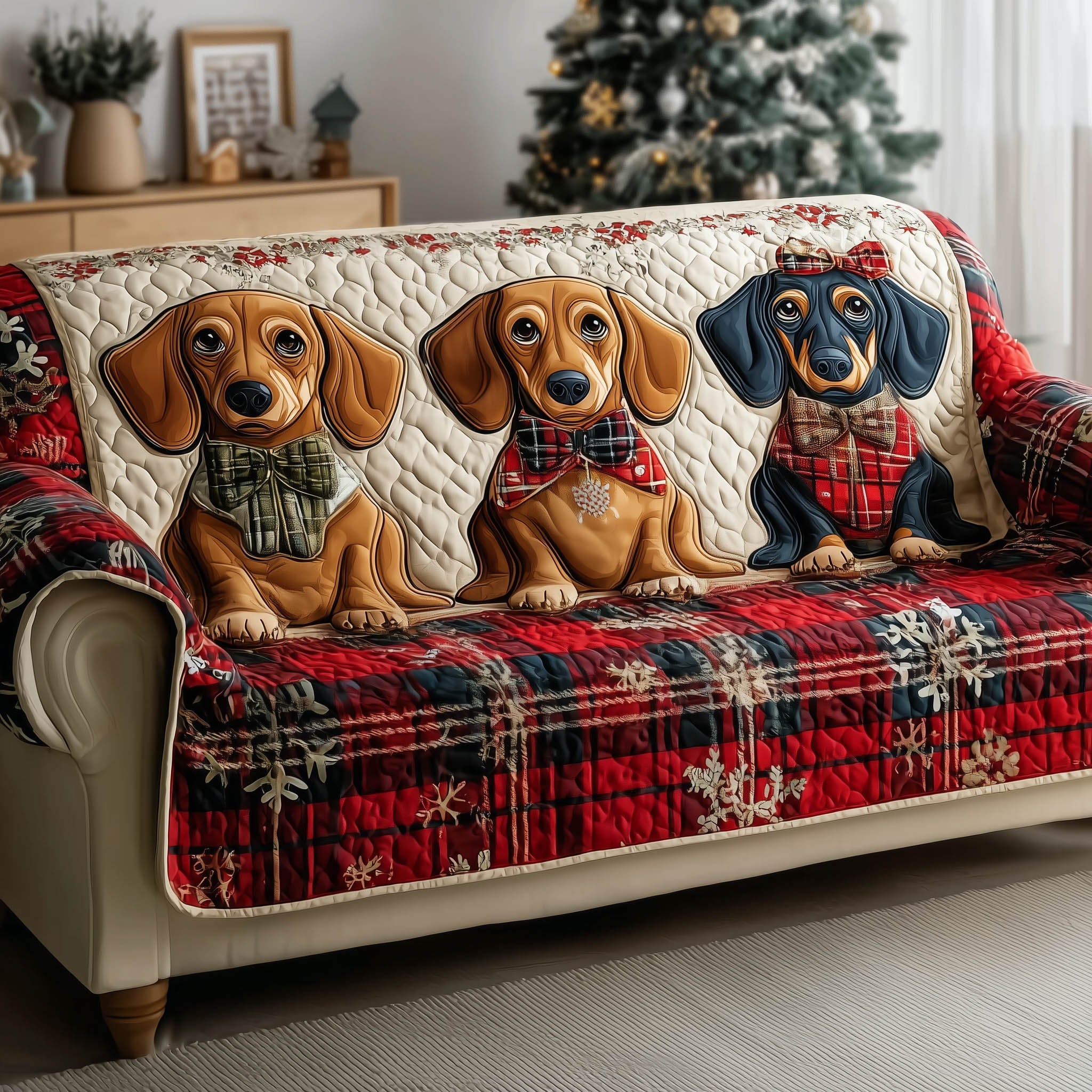 Festive Dachshund Quilted Sofa Cover Holiday Sausage Dog Motif Dachshund Christmas Gifts