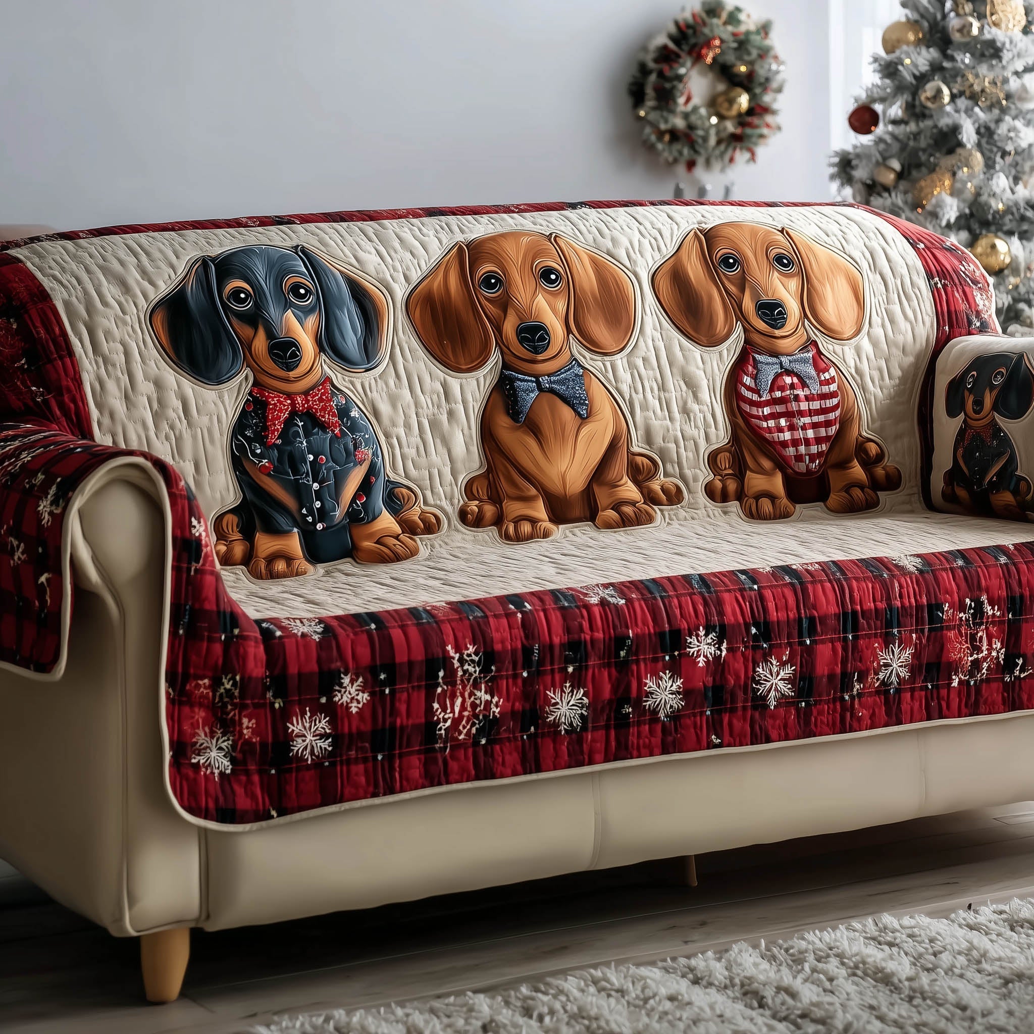Festive Dachshund Quilted Sofa Cover Santa Sausage Dog Accent Dachshund Christmas Gifts