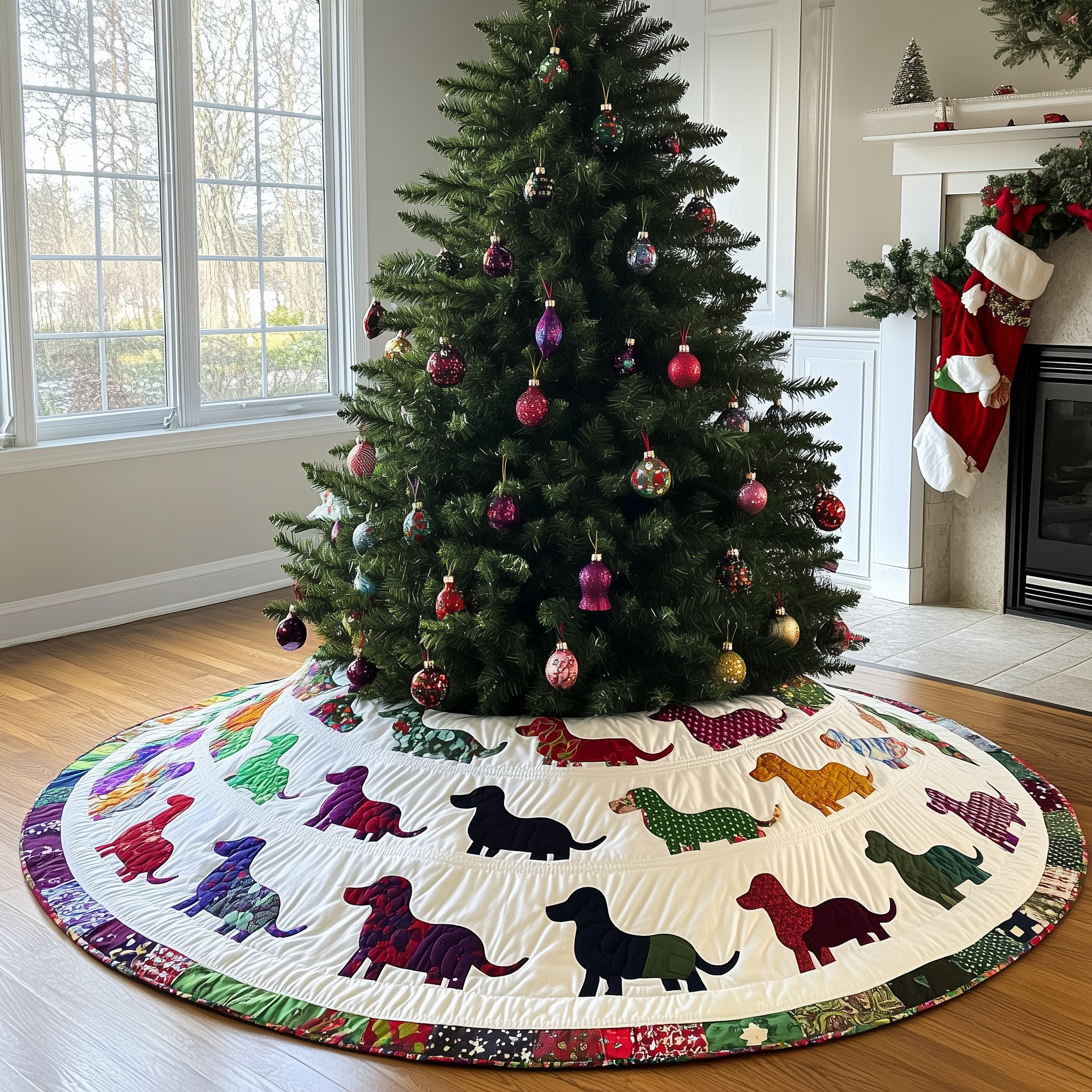 Festive Dachshund Quilted Tree Skirt Cute Holiday Christmas Surround Tree Base Cover Wiener Dog Gifts For Her