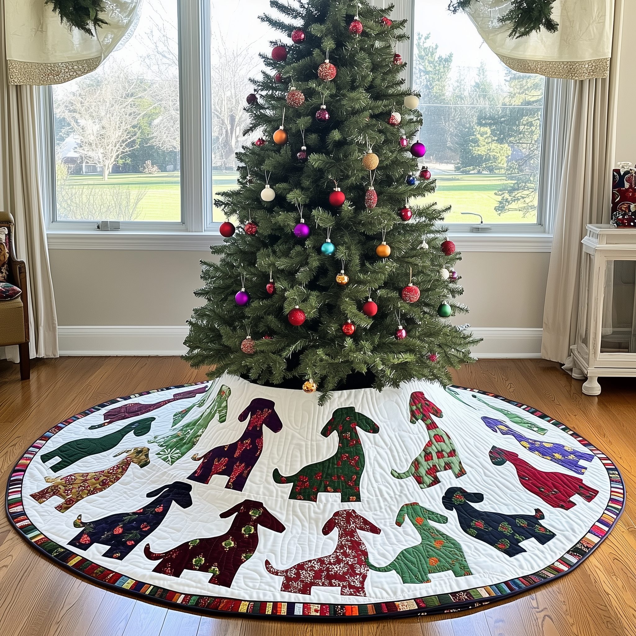 Festive Dachshund Quilted Tree Skirt Cute Holiday Christmas Surround Tree Base Cover Wiener Dog Gifts For Her