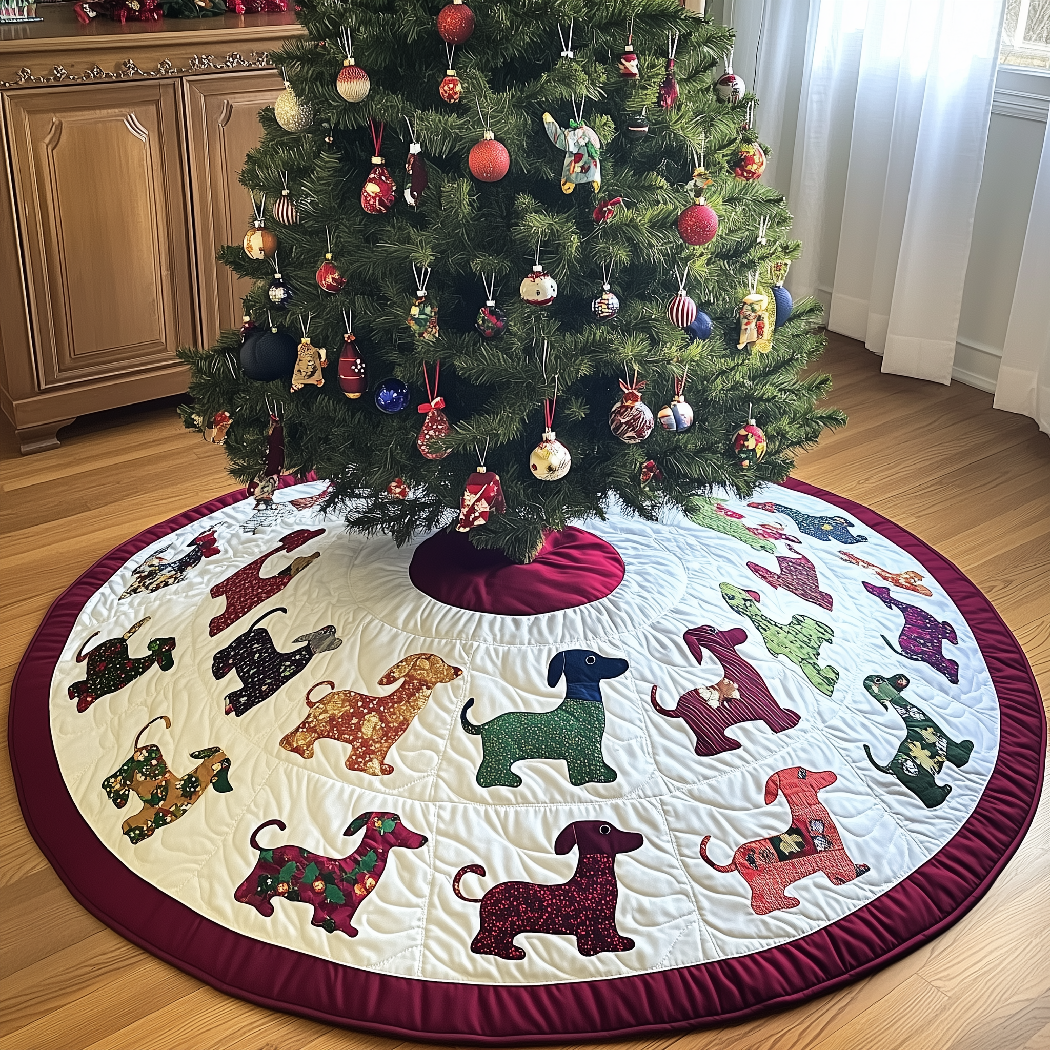 Festive Dachshund Quilted Tree Skirt Cute Holiday Christmas Surround Tree Base Cover Wiener Dog Gifts For Her