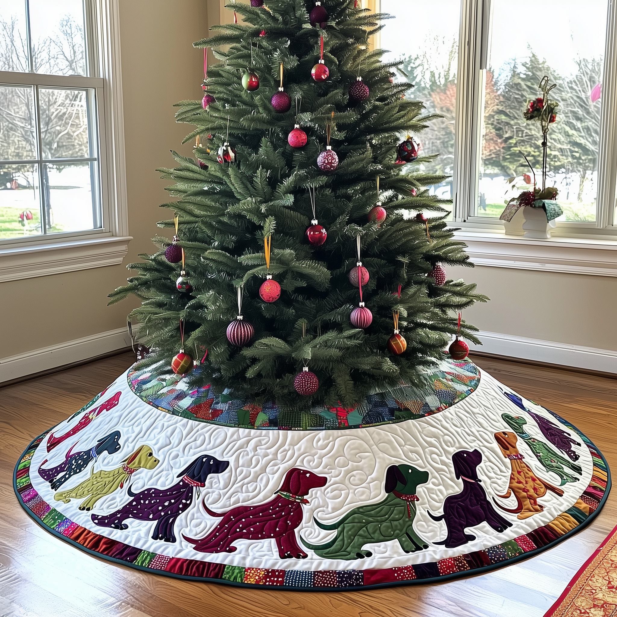 Festive Dachshund Quilted Tree Skirt Cute Holiday Xmas Surround Tree Base Cover Sausage Dog Christmas Presents